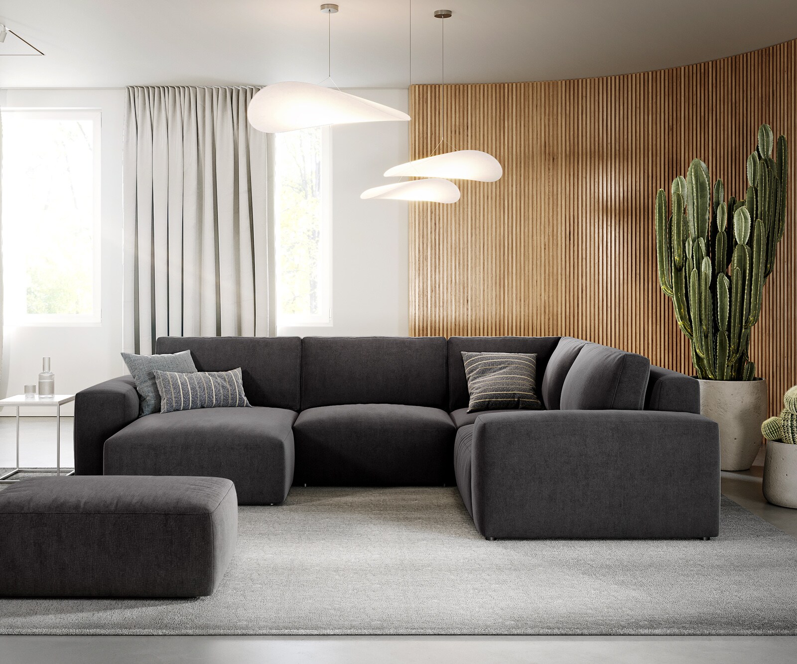 Grand canapé d’angle Lanzo 300x210 cm microfibre noir méridienne réversible avec pouf