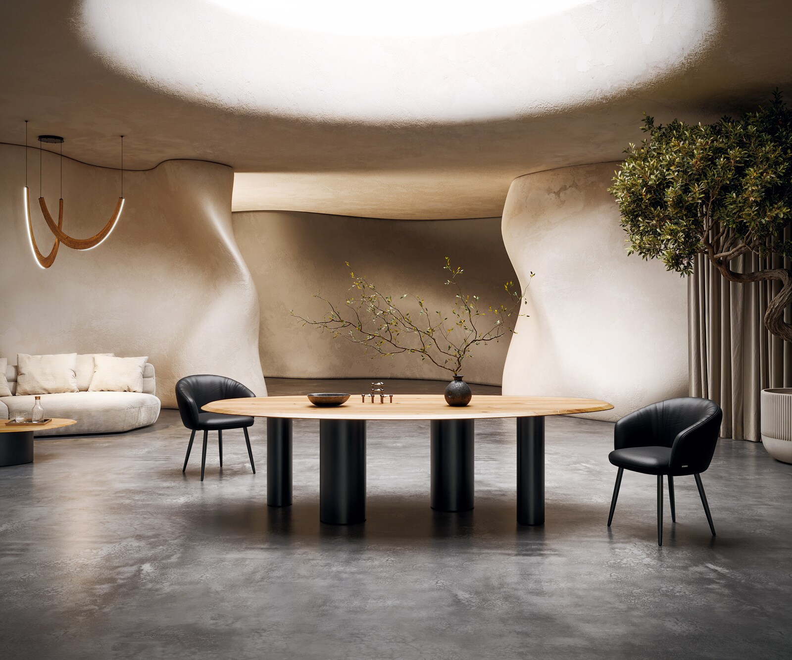 Table à manger Edge ovalee 280x130x2,5 chêne naturee Pilier métal noir Flow-Edge 3