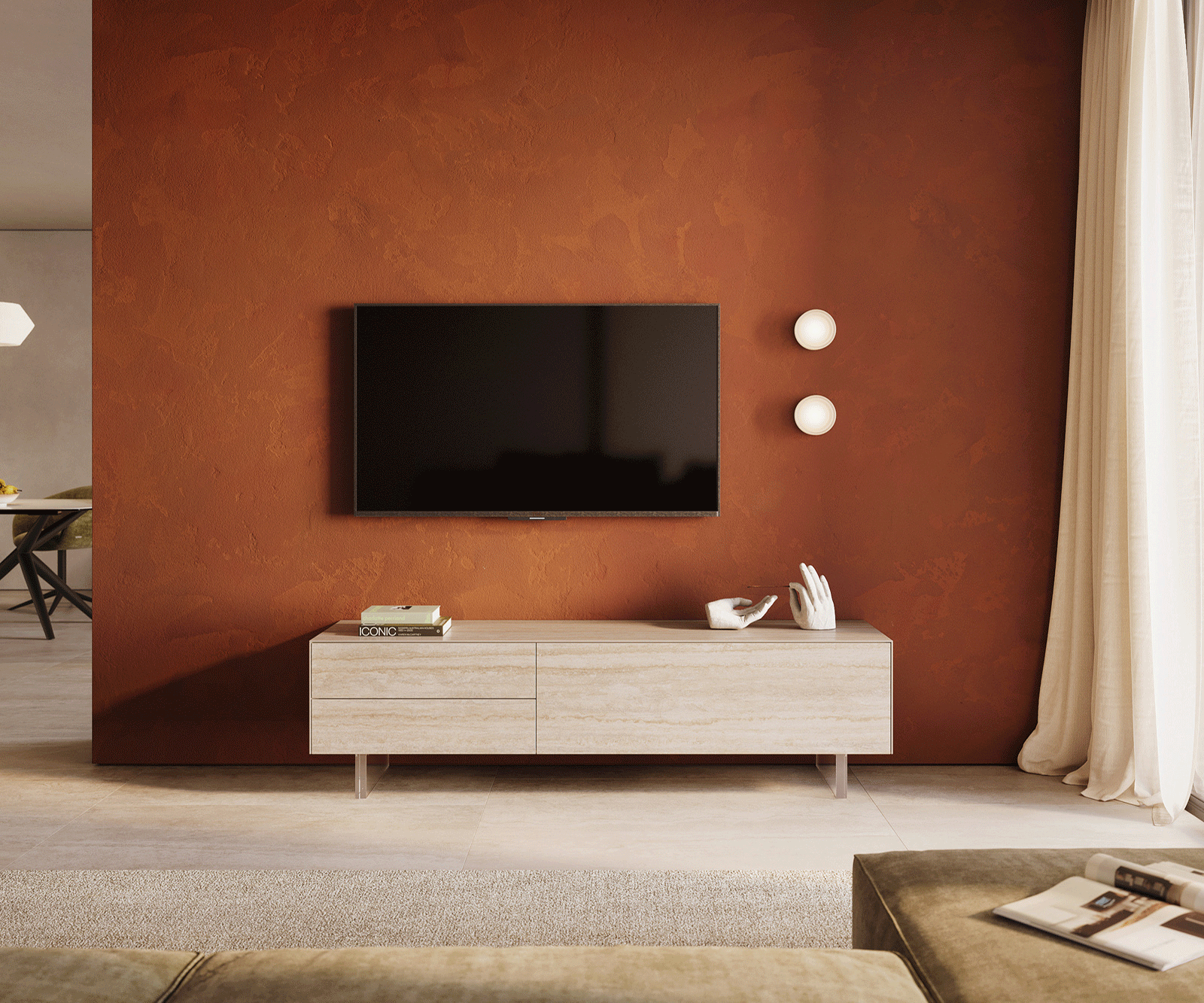 Meuble-TV Cuor 180 cm Céramique Laminam® Travertino Bianco Crème-blanc 1 Clapet 2 Tiroirs Pied optique flottant Verre acrylique 2