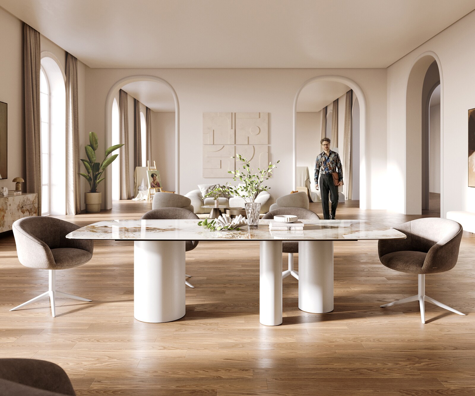 Table à manger Edge Boot 260x120 cm Céramique Minas Melange Blanc-Beige Troa Métal Blanc 1