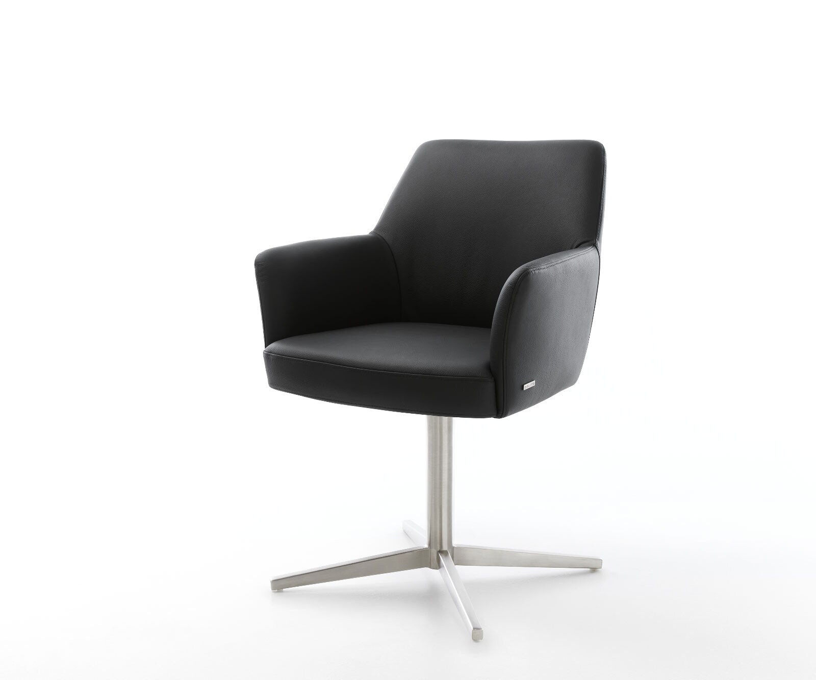 Chaise-pivotante Xana-Flex avec accoudoirs cuir de vache noir pied de chaise 4 branches acier inoxydable brossé pivotement sur 360° ressorts ensachés