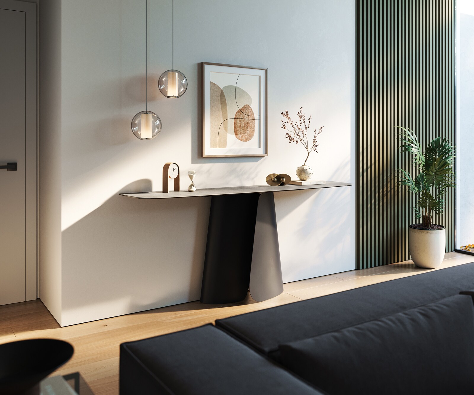Console Edge forme bateau 180x40 cm Céramique Gris béton Livos Métal Noir 7