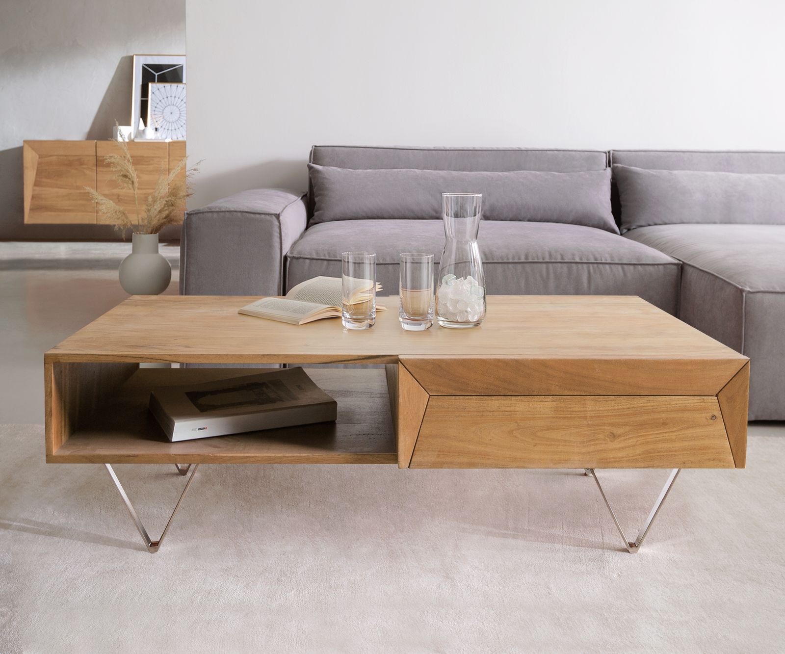Table-basse Kayu 115x60 cm acacia naturel 2 tiroirs pied en V 1