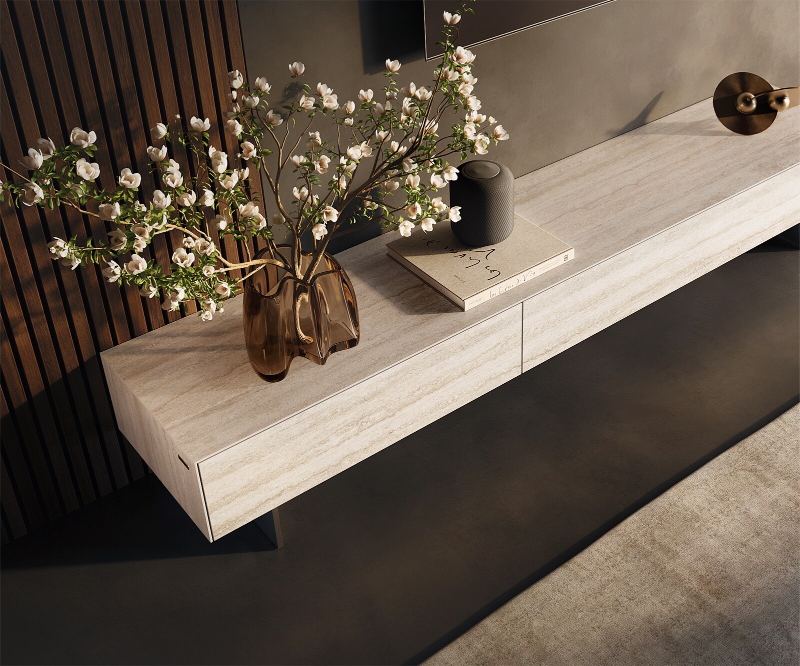 Meuble-TV Cuor 200 cm Céramique Laminam® Travertino Bianco Crème-blanc 1 Clapet 1 Tiroir Pied optique flottant Ancier inoxydable 3