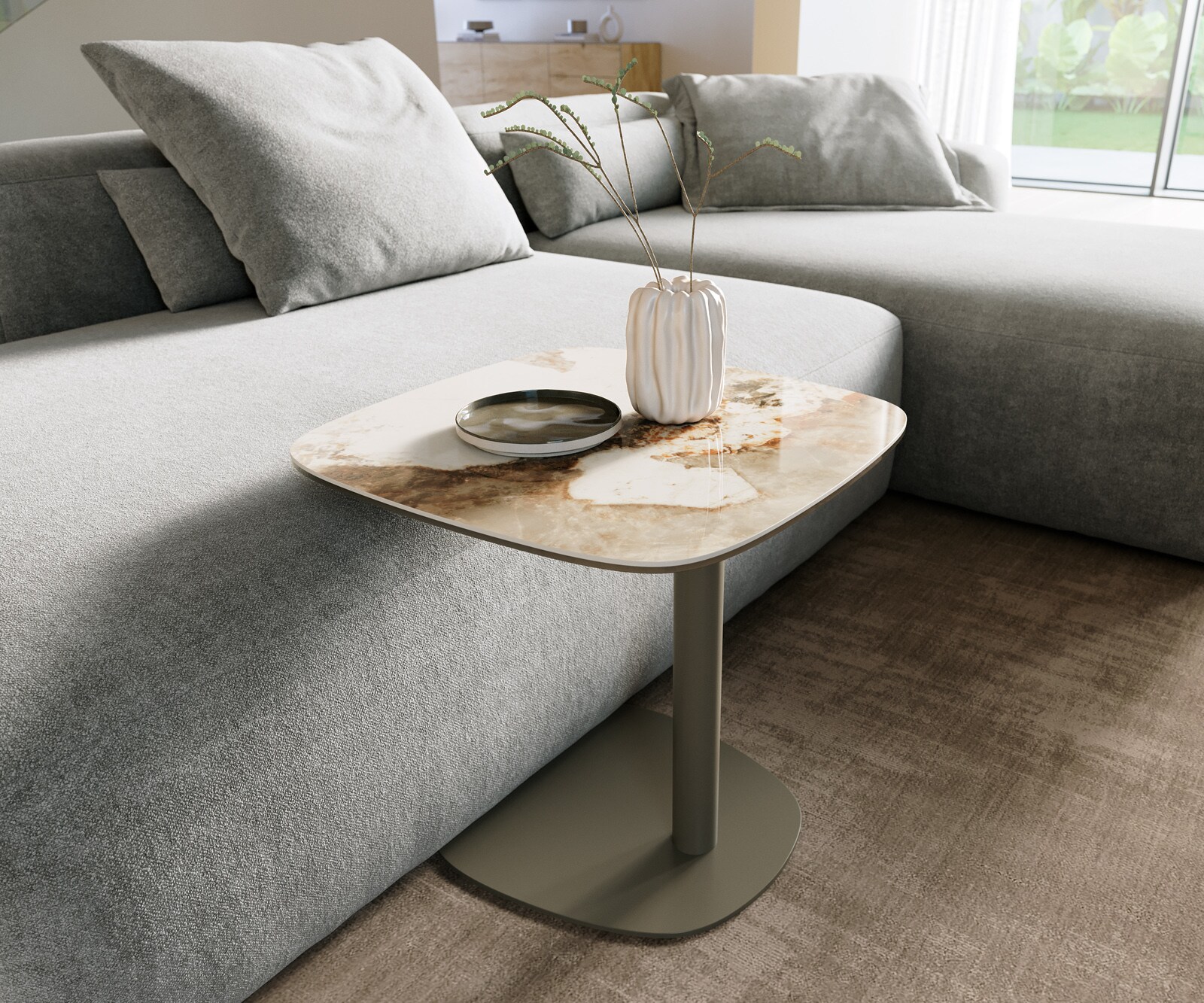 table d’appoint Edge Boot 50x50 cm céramique Minas Melange Eleny Metall finition effet titane
