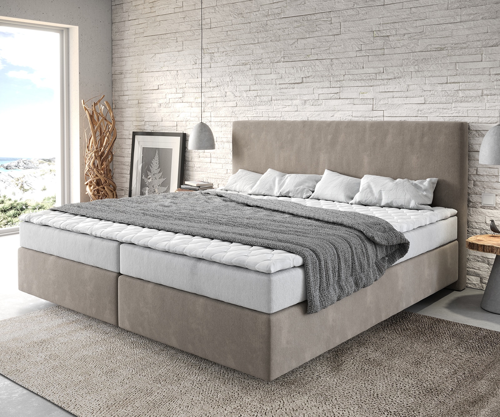 Lit-à-sommier-tapissier Dream-Well Microfibre Beige 200x200 cm Matelas Bonell Surmatelas PU Lit-à-sommier-tapissier Dream-Well Microfibre Beige 200x200 cm Matelas Bonell Surmatelas PU