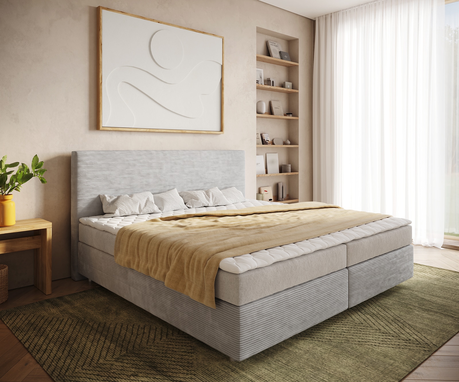 Lit-à-sommier-tapissier Dream-Well Velours côtelé gris argenté 200x200 cm Matelas Bonell PU-surmatelas  Lit-à-sommier-tapissier Dream-Well Velours côtelé gris argenté 200x200 cm Matelas Bonell PU-surmatelas