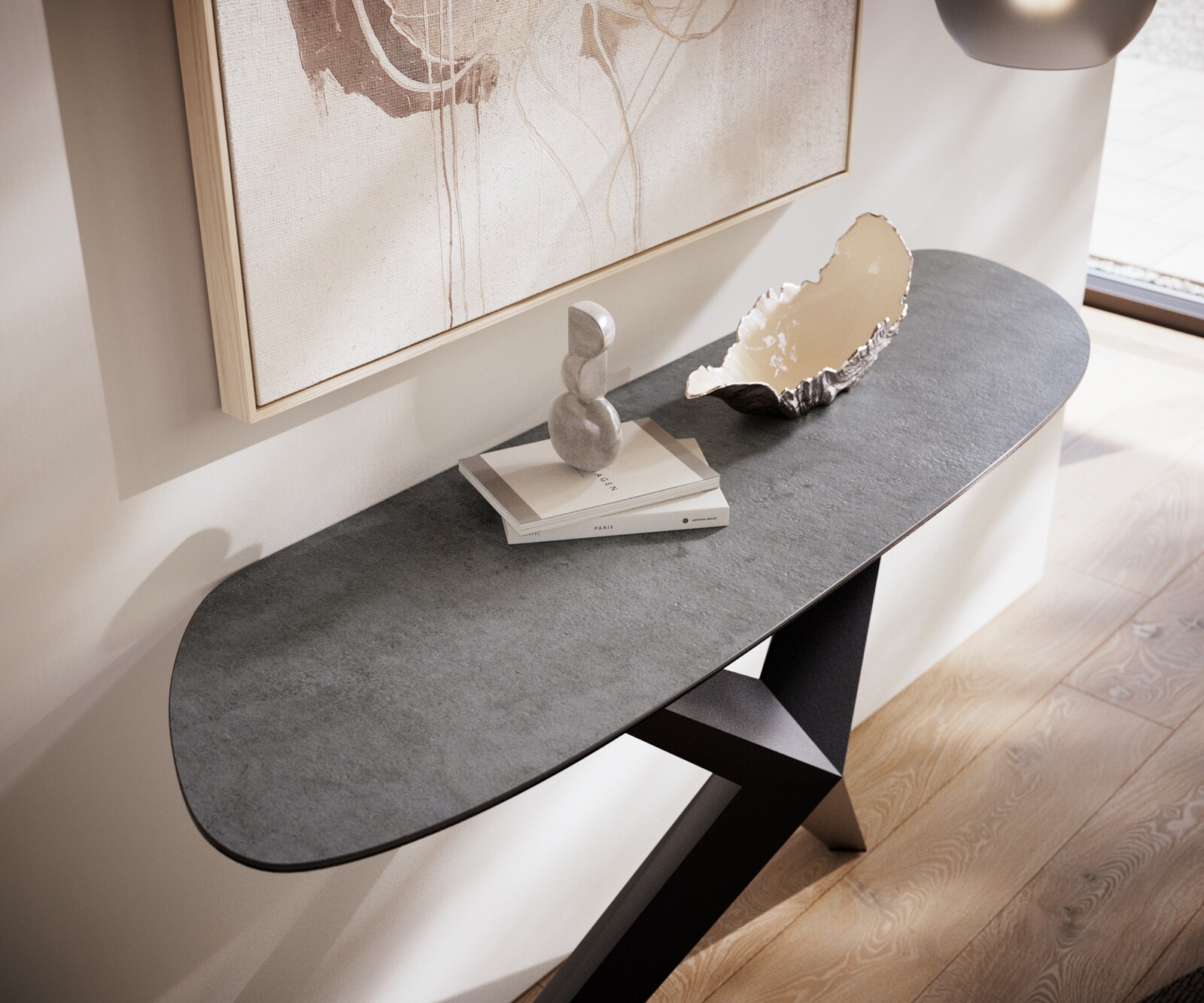 Table console Edge Organique 140x40 cm Céramique Béton Gris Zentharo Métal Noir 5