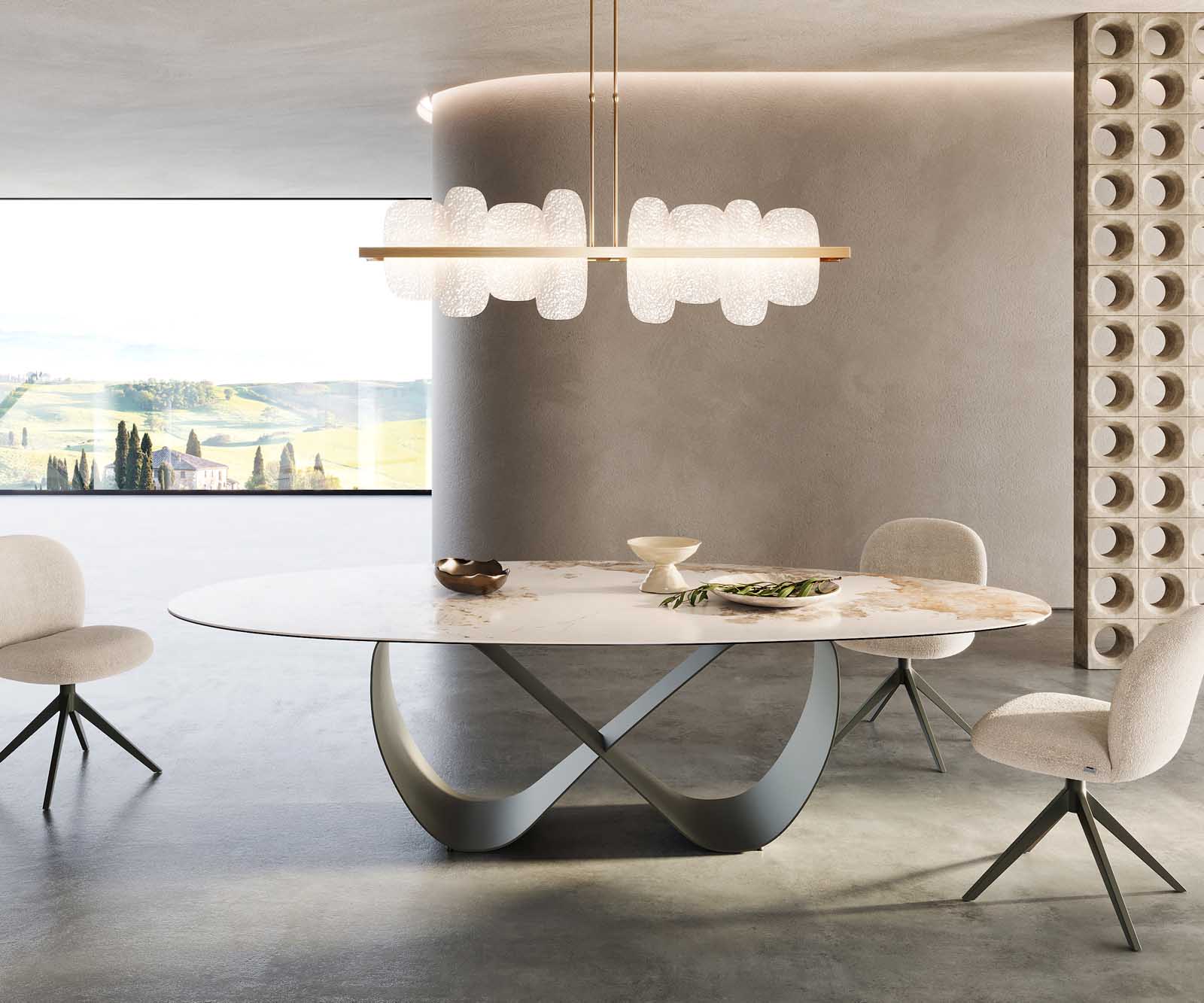 Table à manger Edge Oval 280x130 Céramique Minas Mélange Blanc-Beige Infinity Métal Effet Titane 1