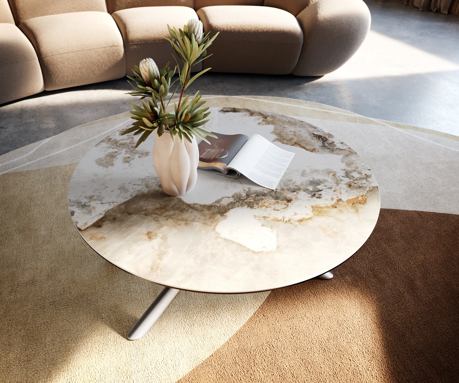Table basse Edge rond 90x90 cm céramique Minas Melange Sarity acier inoxydable brossé 1