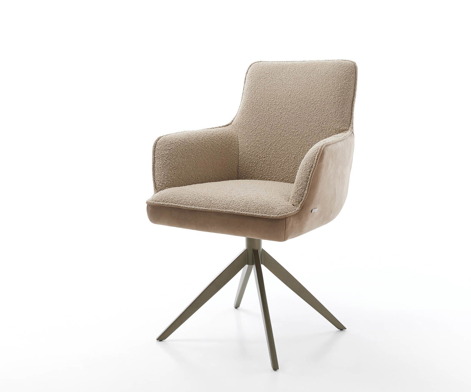 Chaise-pivotante Heira-Flex avec accoudoirs tissu mixte couleur boue pied croisé large aspect titane pivotement sur 360° ressorts ensachés 1