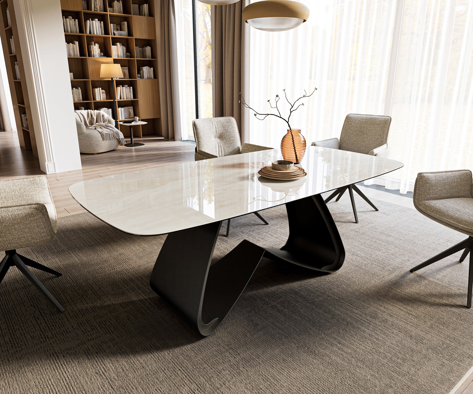 Table à manger Edge bateau 200x100 cm céramique Onyx Champagne piètement en W métal noir 1