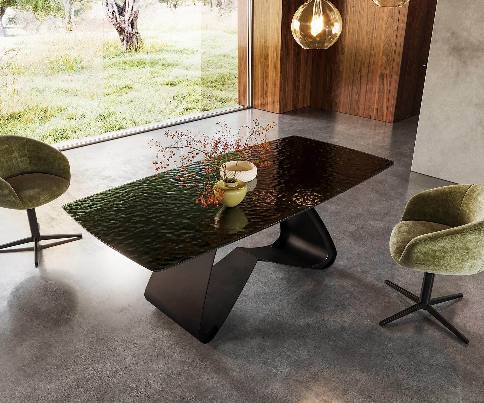 Table à manger Edge Boot 200x100 verre en relief noir 3D-Design cadre en W métal noir 1
