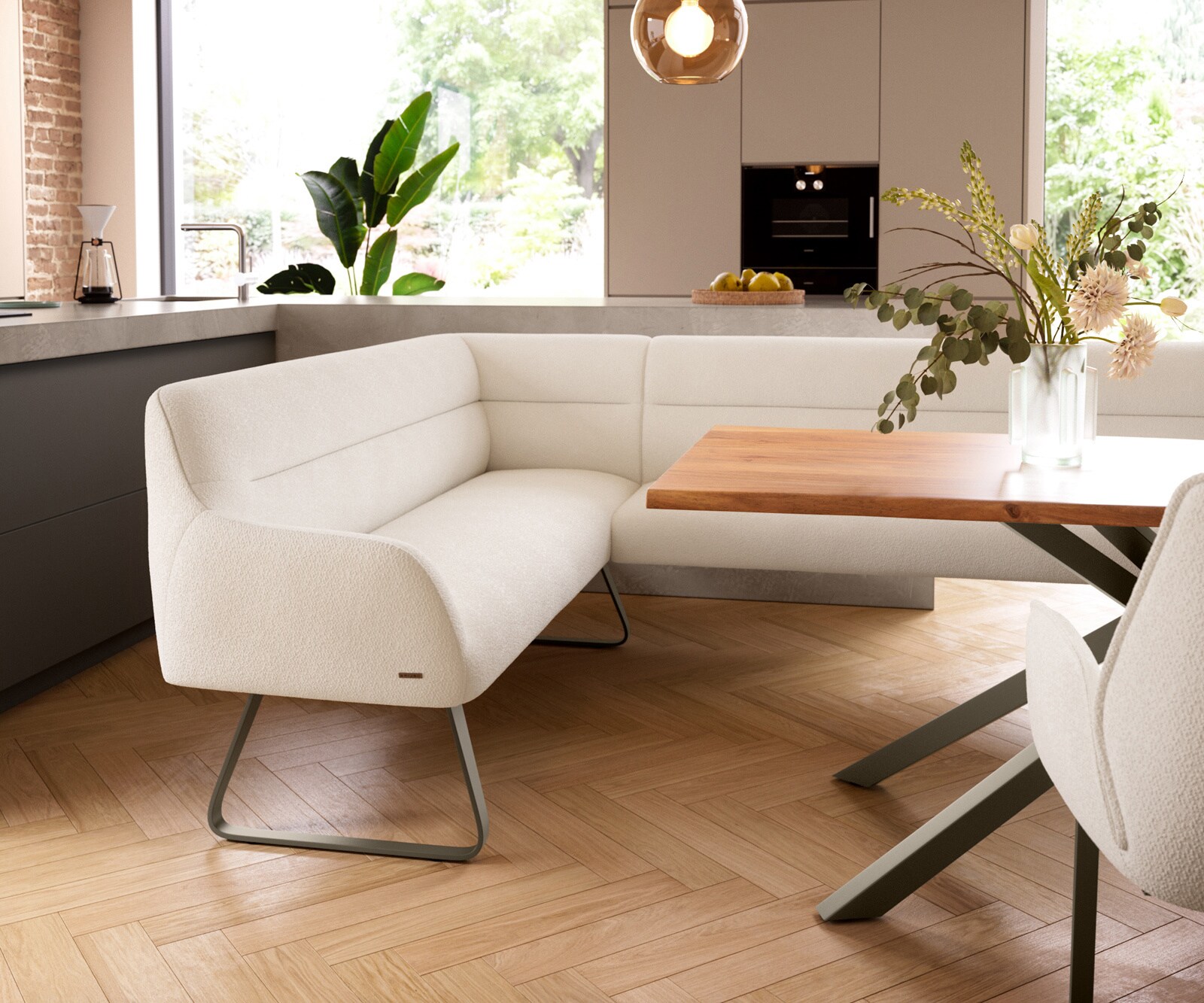 Banc-de-salle-à-manger Taya-Flex 285x190 cm bouclé crème-blanc châssis à patins plat titane ressort ensaché à droite 5