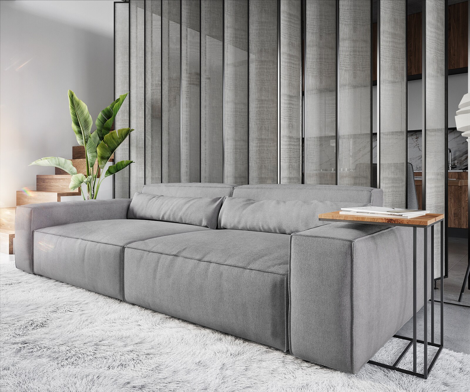 Grand Canapé Sirpio XL 270x130 cm Microfibre Gris avec Tabouret 4