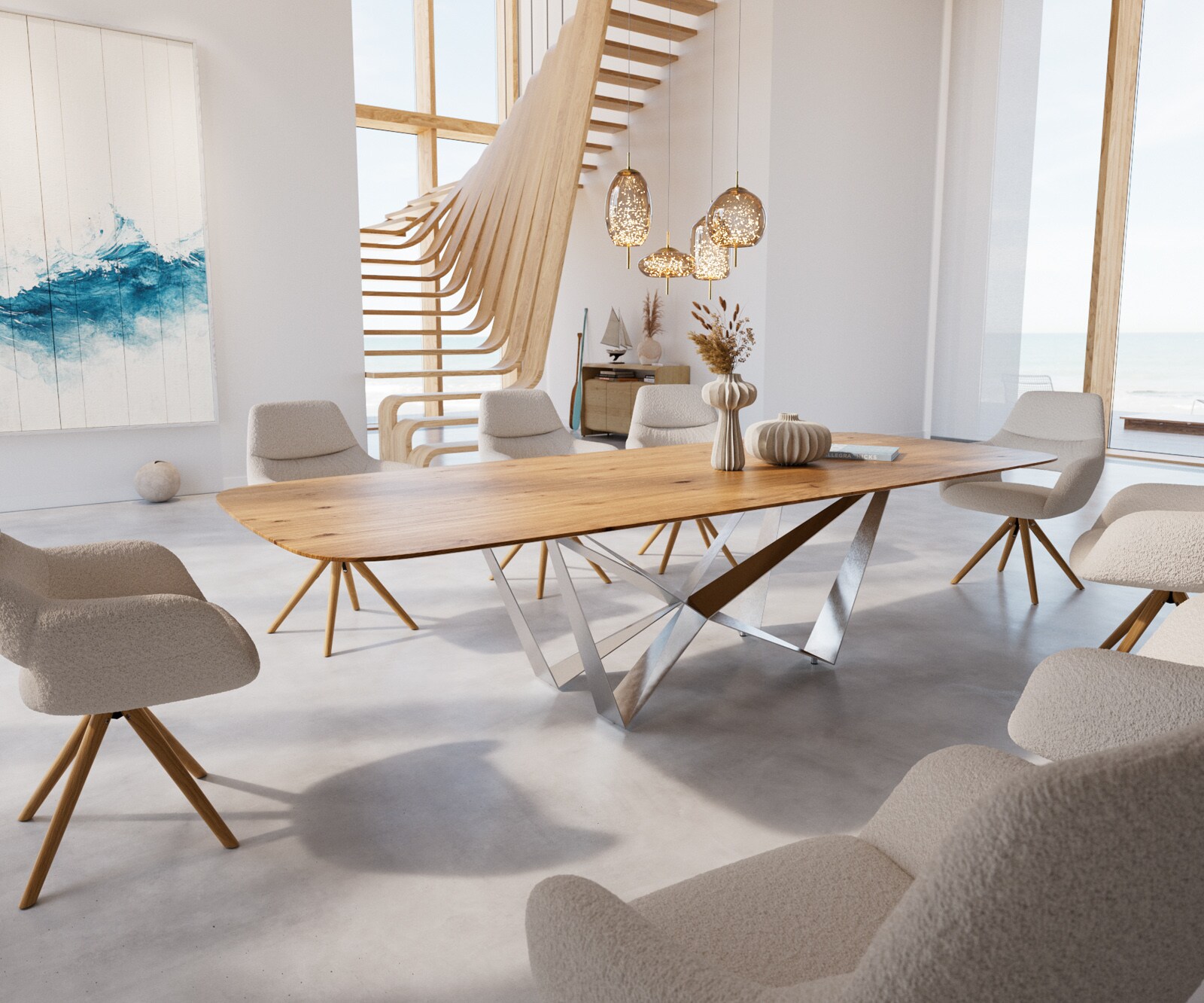 Table à manger Edge Boot 300x120x2,5-3 chêne nature Spider acier plat acier inoxydable bord suisse