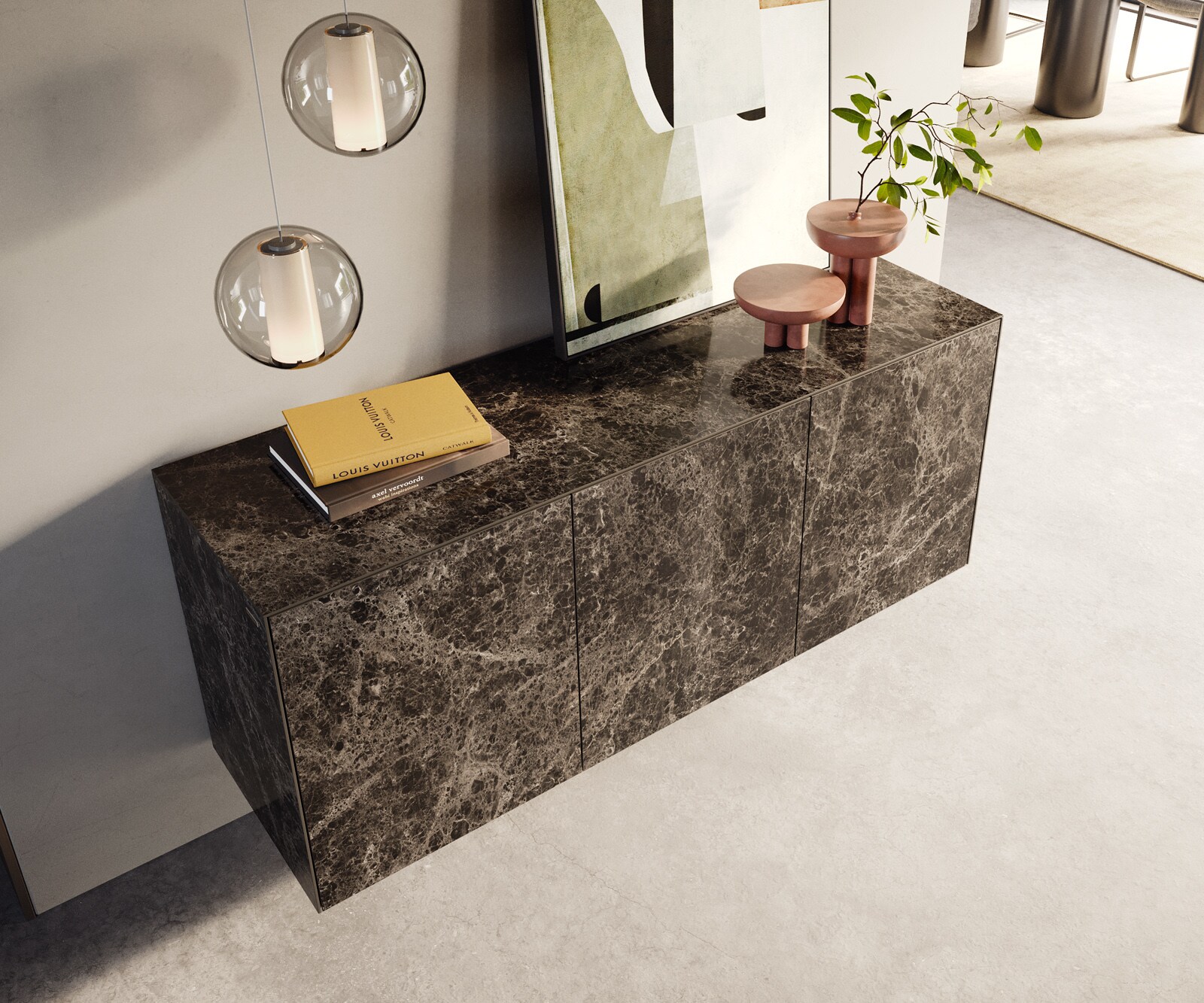 Buffet Cuor 150 cm Céramique Laminam® Emperador Extra Lucidato brun foncé 3 Portes Flottant 4
