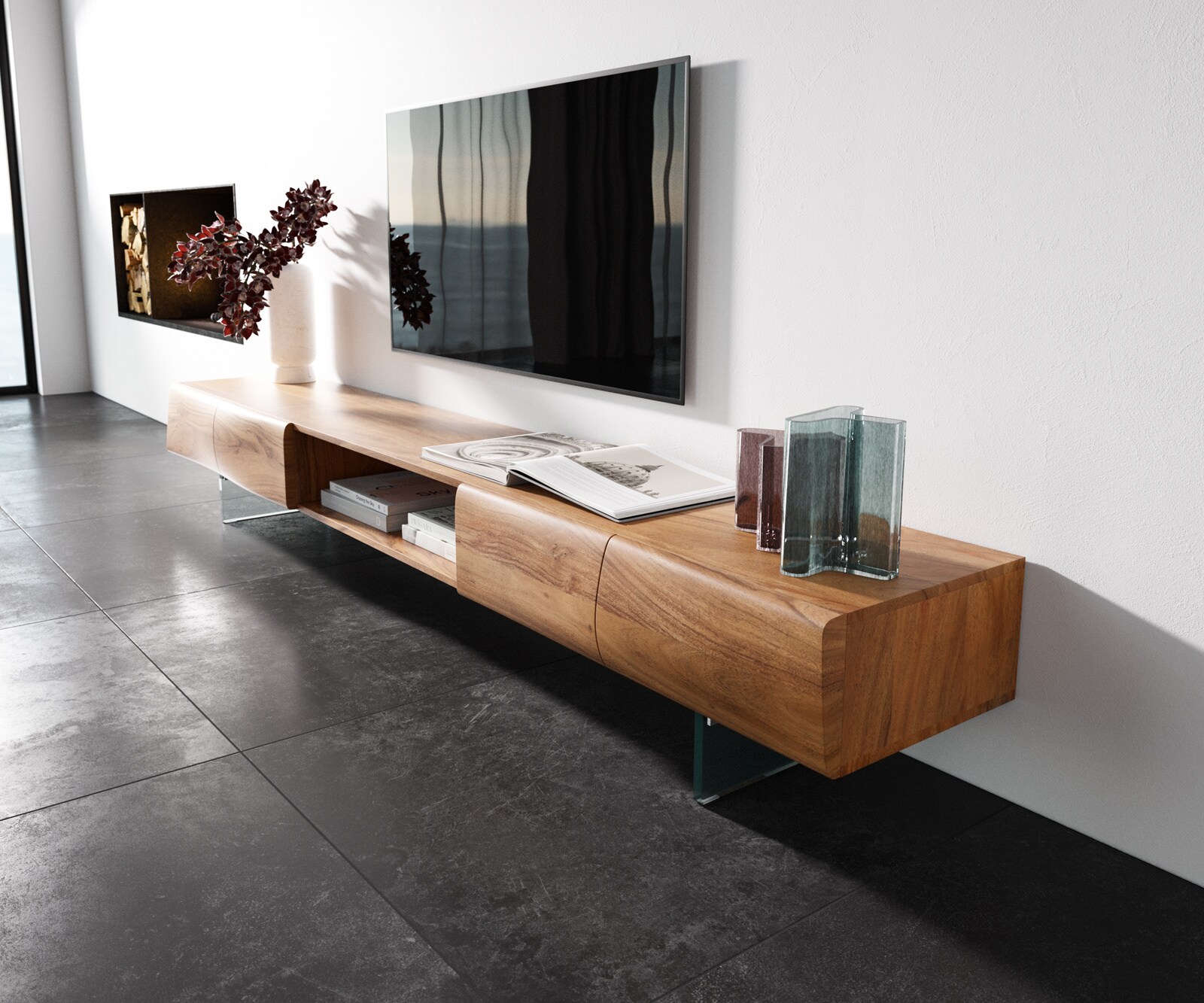 Meuble-TV New Live-Edge 240 cm acacia naturel 4 portes 1 compartiment pied en verre 1