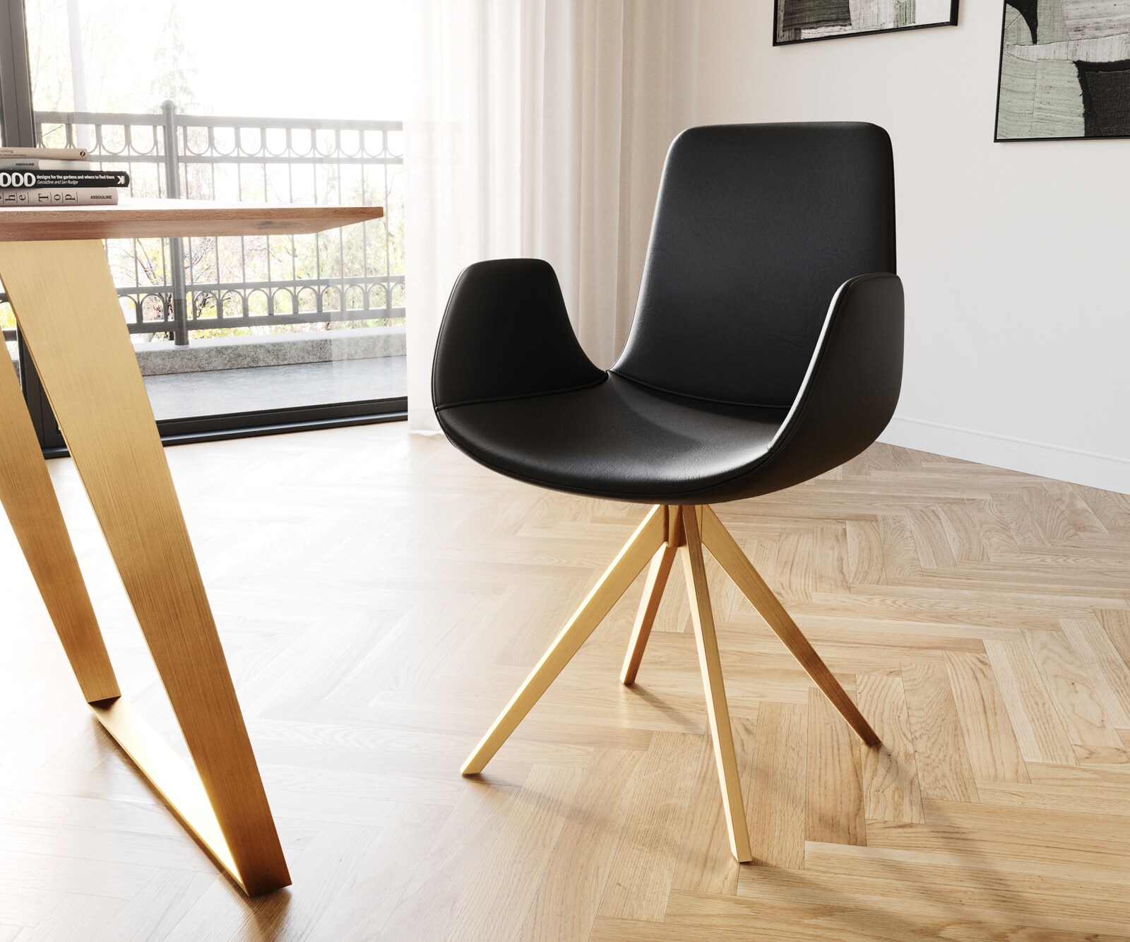 Chaise-pivotante Ilia-Flex avec accoudoirs cuir de vache noir pied croisé angulaire or pivotement sur 180°