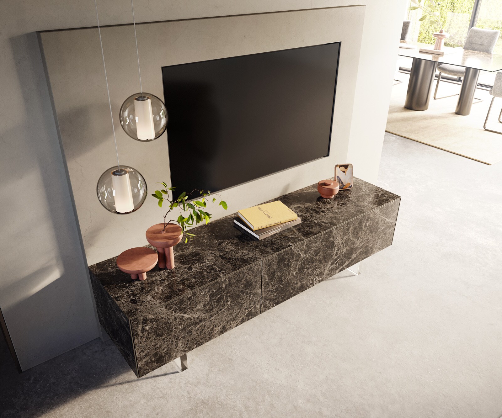 Meuble-TV Cuor 180 cm Céramique Emperador Extra Lucidato brun foncé 1 Clapet 2 Tiroirs Pied optique flottant Verre acrylique 4