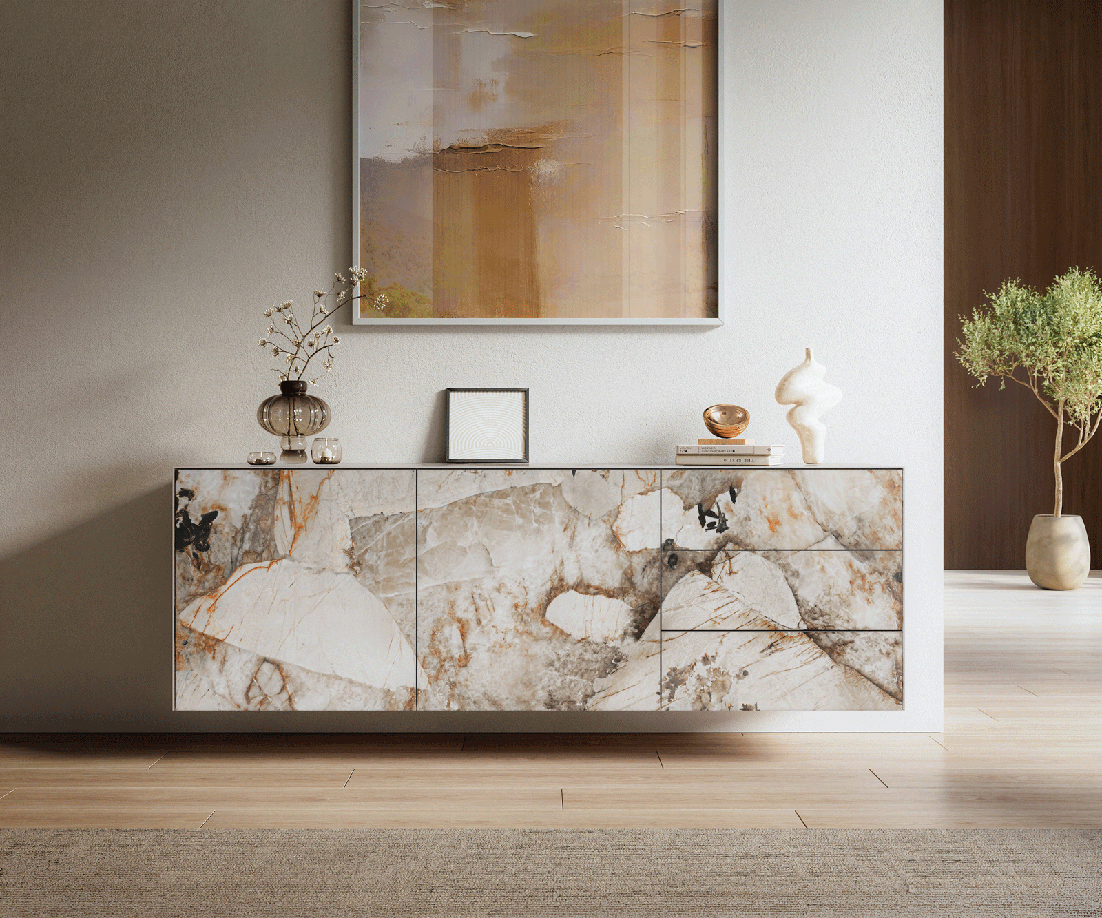 Buffet Cuor 180 cm Céramique Patagonia raffinée 2 Portes 3 Tiroirs Flottant 1