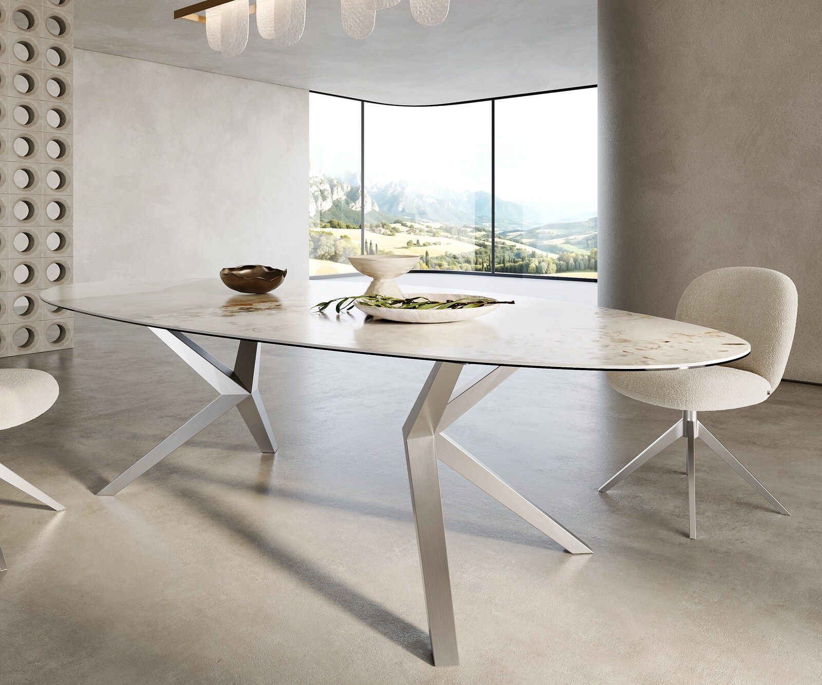 Table à manger Edge Ovale 280x130 Céramique Minas Melange Blanc-Beige Zenthara anguleux Acier inoxydable 6