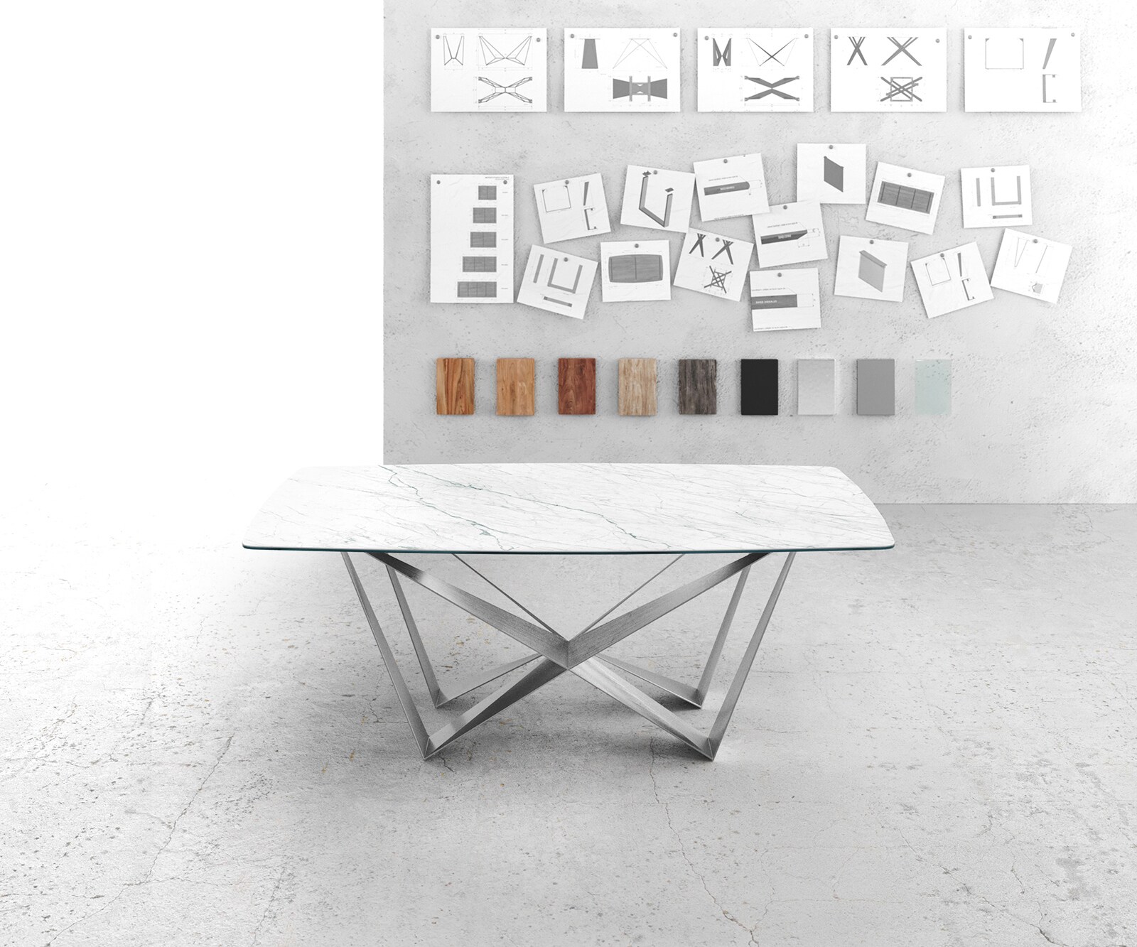 Table-à-manger Edge forme Boot 200x100cm Laminam® céramique blanc pieds milieu acier plat argent 1