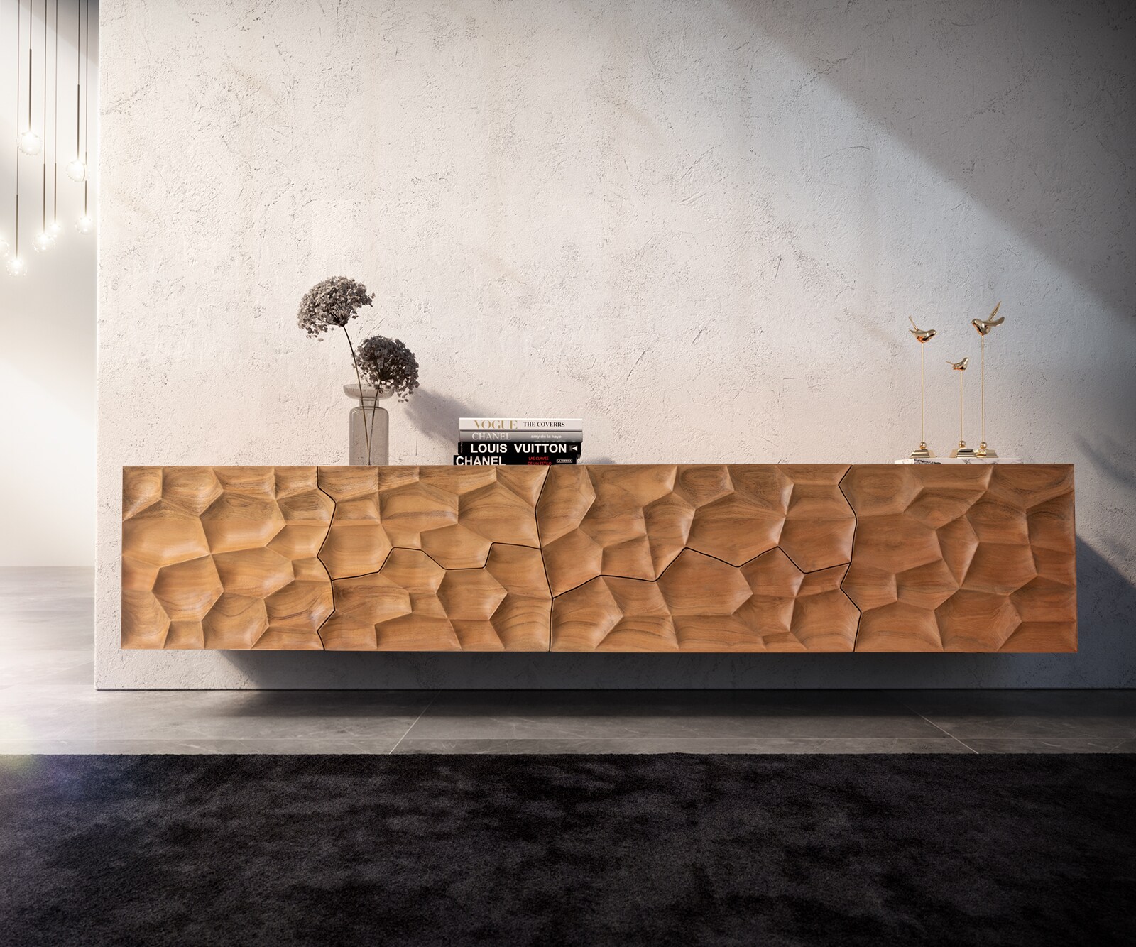Meuble-TV Solu 220 cm acacia naturel 2 portes 4 tiroirs flottant façade 3D 1