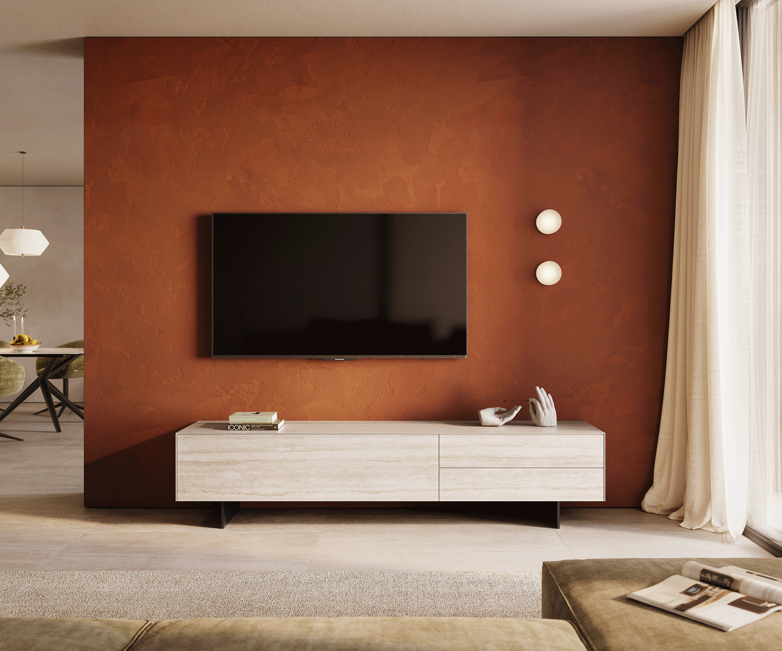 Meuble-TV Cuor 220 cm Céramique Laminam® Travertino Bianco Crème-blanc 1 Clapet 2 Tiroirs Pied optique flottant Métal Noir 2