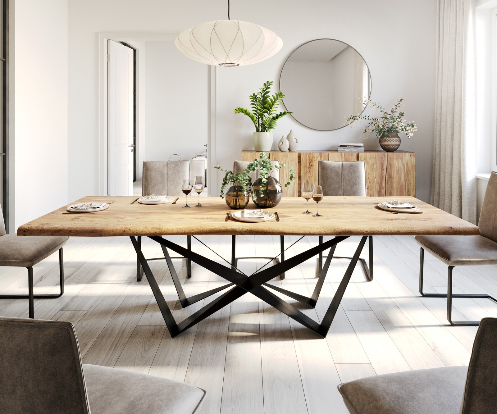 Table à manger Edge 260x100 Acacia Naturel Spider Acier plat Noir Live-Edge 1