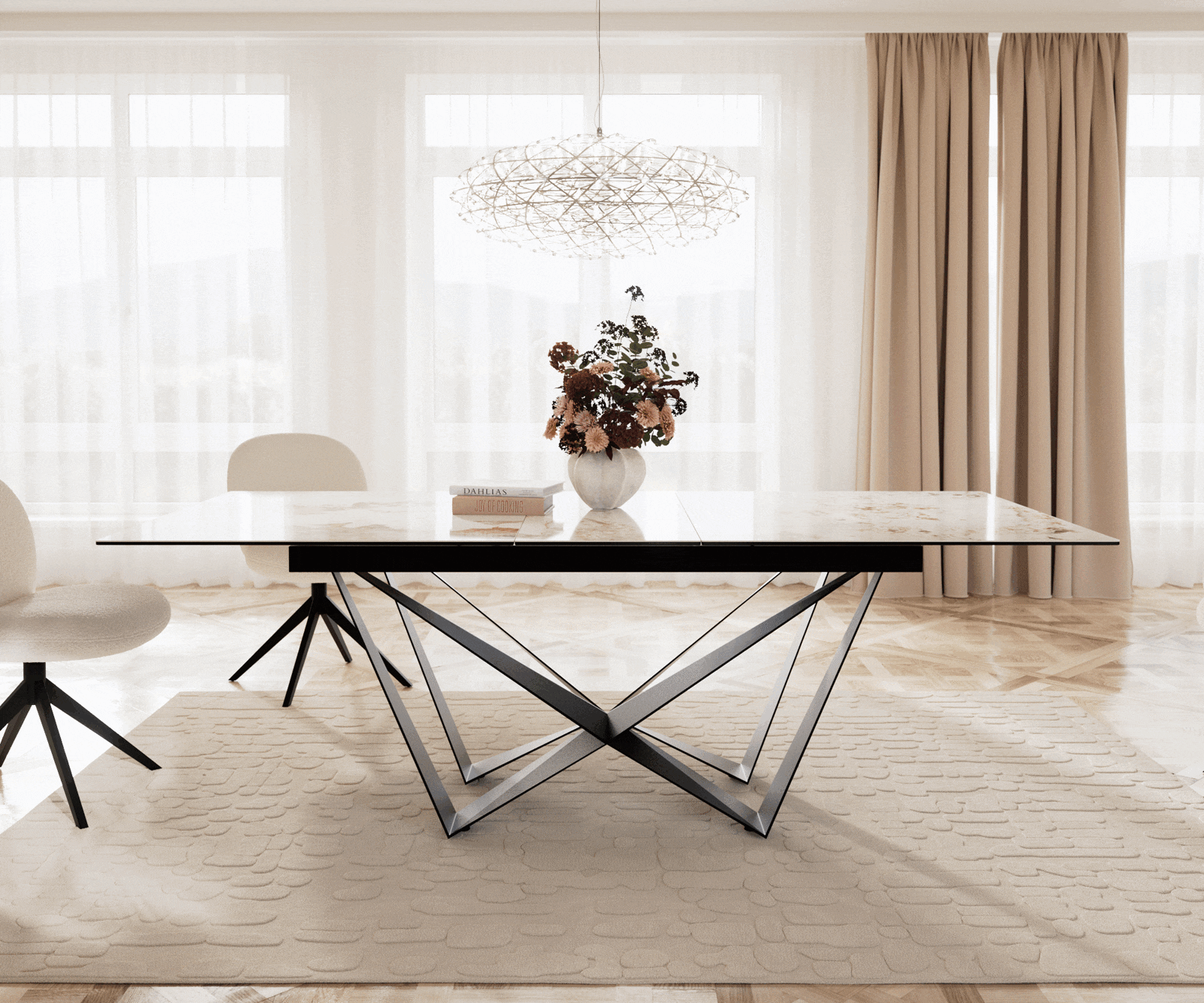 Table à manger Edge 180-220x100 céramique Minas mélange blanc-beige Spider acier plat noir extensible 1 Table à manger Edge 180-220x100 céramique Minas mélange blanc-beige Spider acier plat noir extensible 1