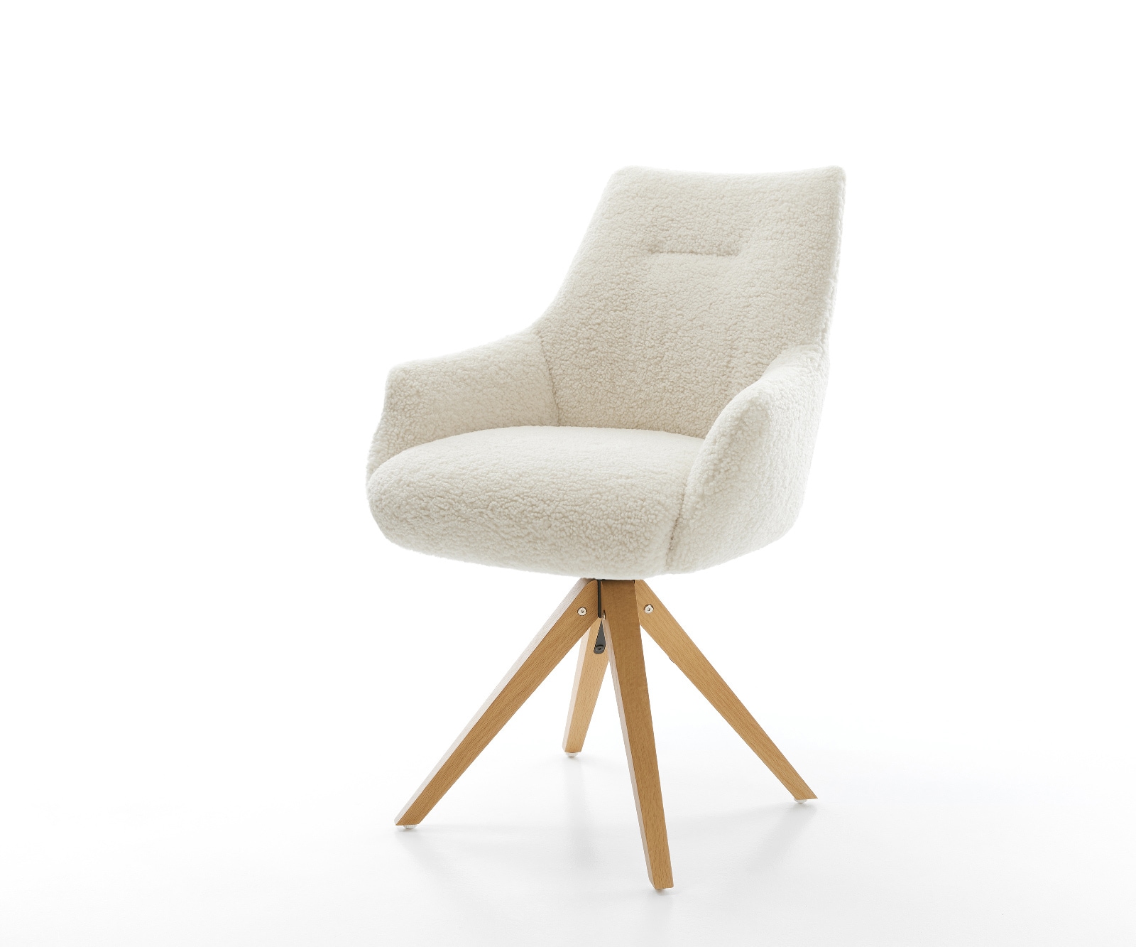 Chaise-pivotante Alja-Flex avec accoudoirs tissu teddy beige pied en bois angulaire naturel pivotement sur 180° resorts ensachés