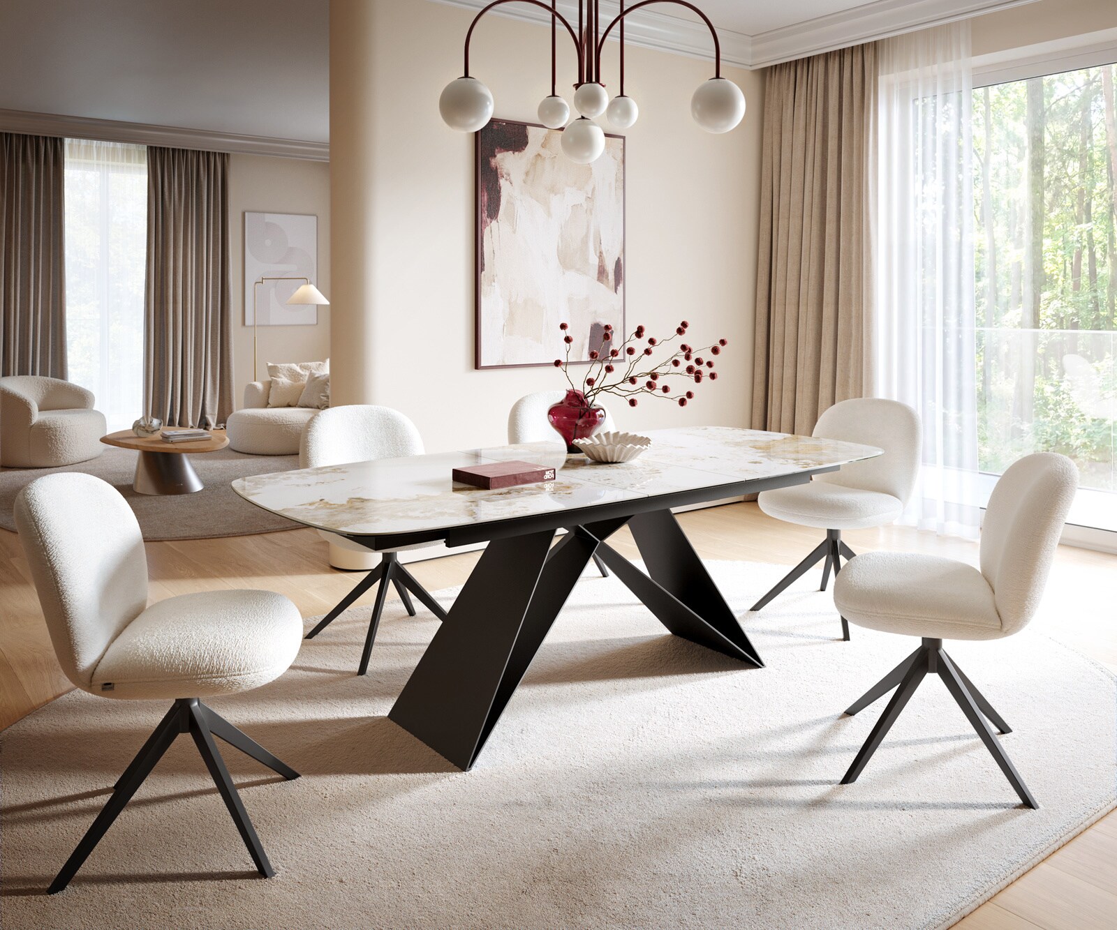 Table à manger Edge Boot 180-220x100 cm Céramique Minas Melange Blanc-Beige piètement en V Flachstahl Noir extensible 1