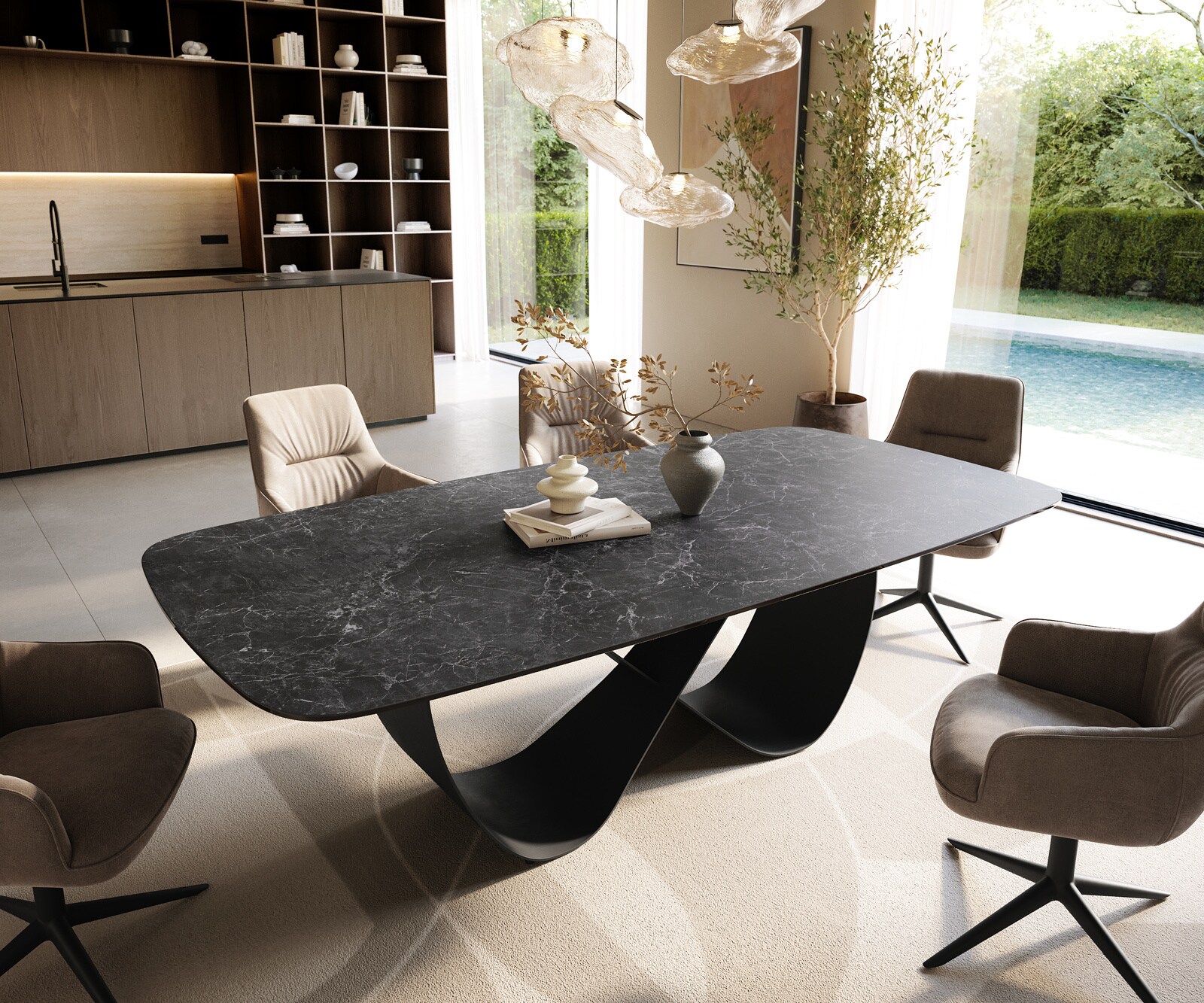 Table à manger Edge Boot 240x120 cm Céramique Laminam® Nero Greco Anthracite Infinity Métal Noir