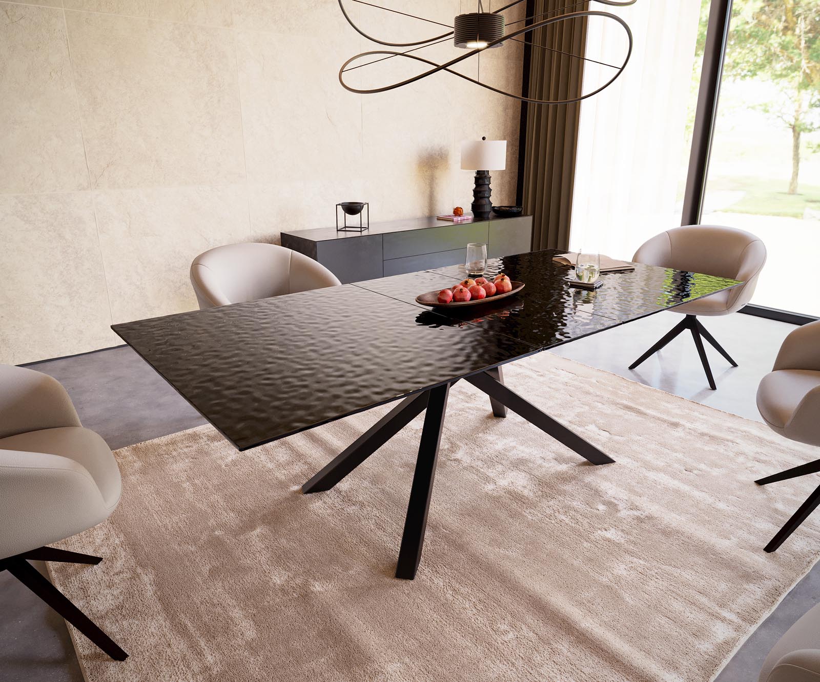 Table à manger Edge 180-220x100 verre fondu noir fumé relief en 3D cadre croisé rectangulaire noir extensible 1