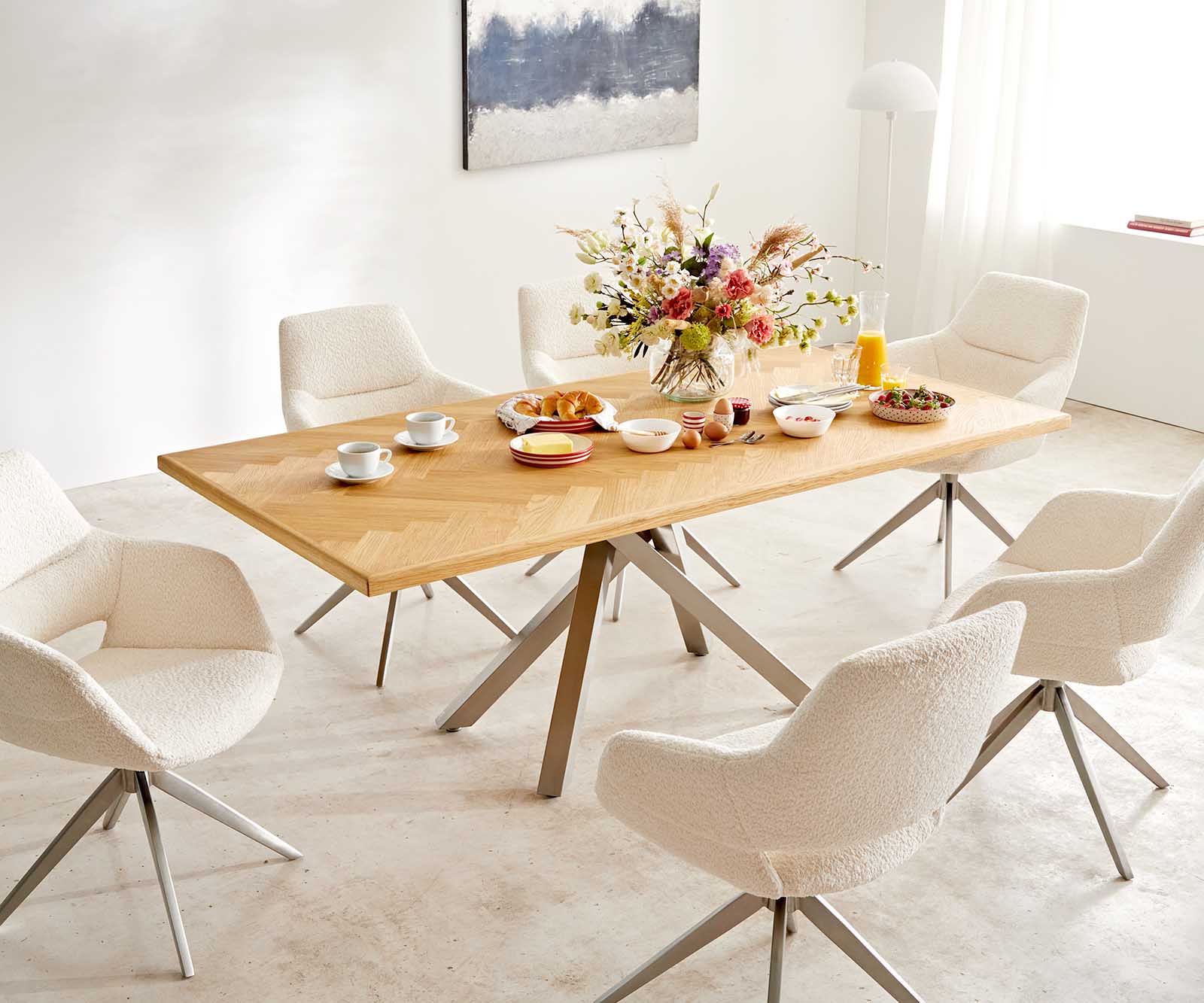Chaise-pivotante Yago-Flex avec accoudoirs bouclé blanc pied croisé large acier inoxydable brossé pivotement sur 360° ressorts ensachés 6 Chaise-pivotante Yago-Flex avec accoudoirs bouclé blanc pied croisé large acier inoxydable brossé pivotement sur 360° ressorts ensachés 6
