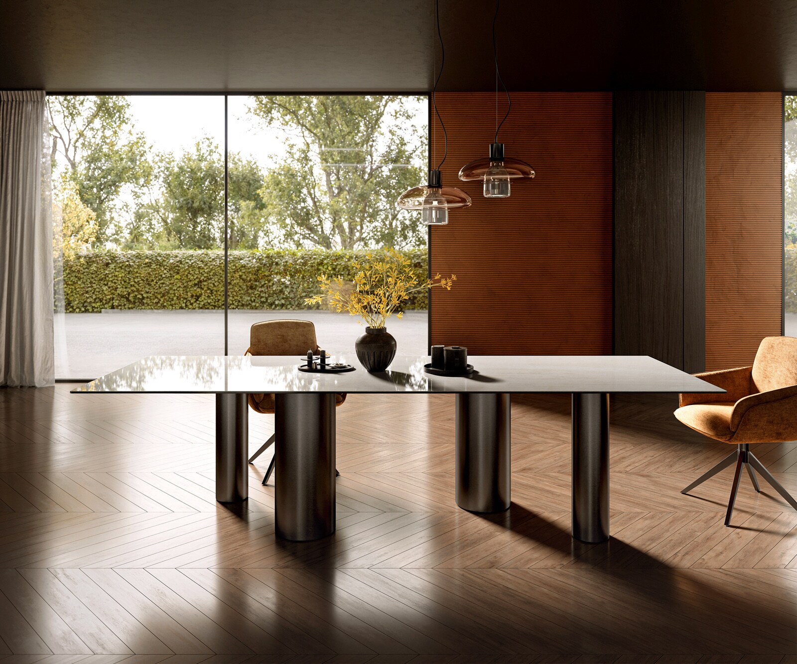 Table à manger Edge 300x100 cm céramique Onyx Champagne Pilier inox graphite 1