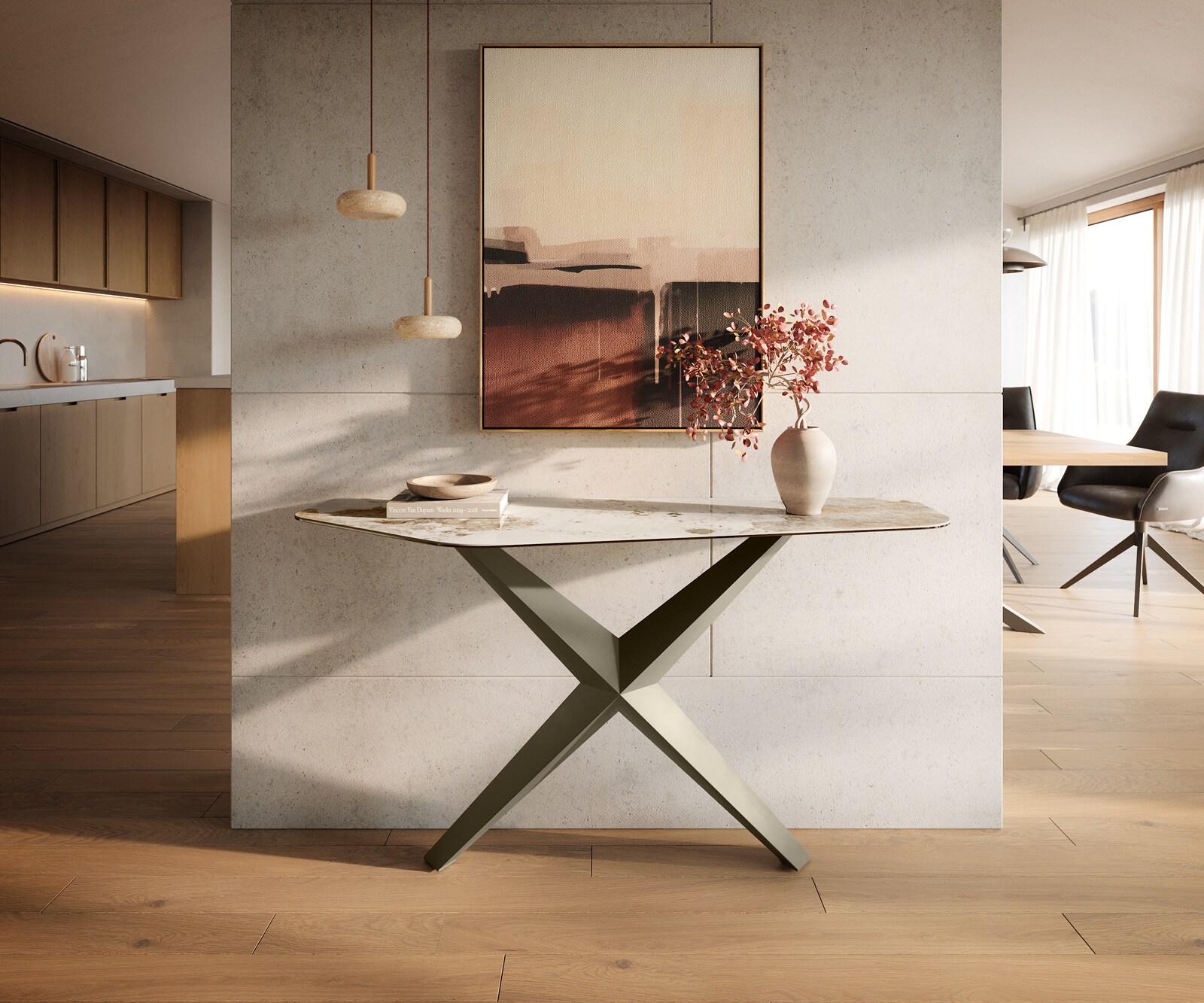 Console Edge Polygonal 140x50 cm Céramique Minas Melange Weiß-Beige Zentharo Métal Effektfinish Titan