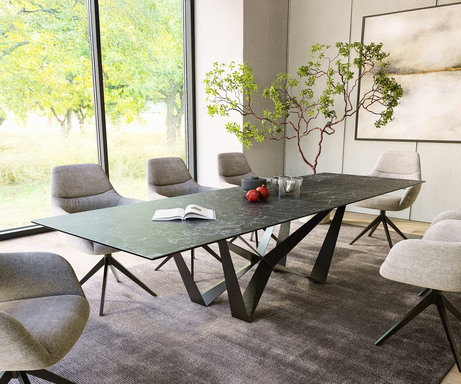 Table-à-manger Edge 300x100cm Laminam® céramique gris pieds milieu acier plat noir