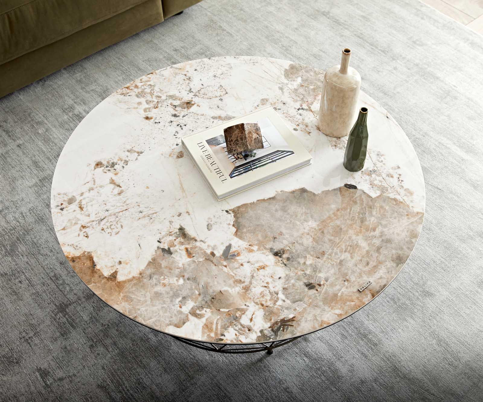 Table-basse Lassina 100x100 cm Céramique Minas Melange Blanc-Beige Piétement métal effet titane 3