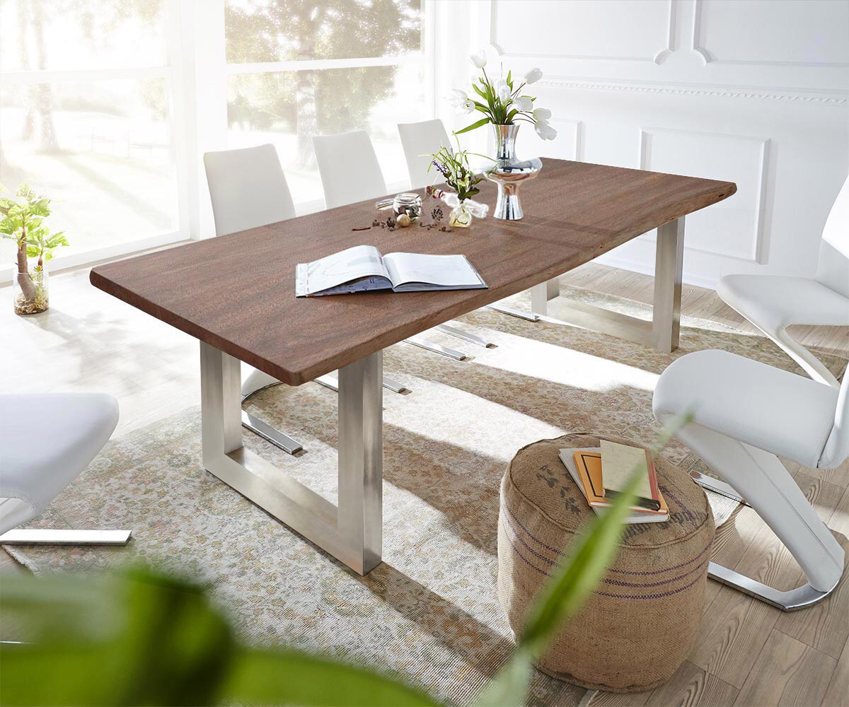 Table-à-manger Edge 300x100 acacia marron acier inoxydable large Live-Edge