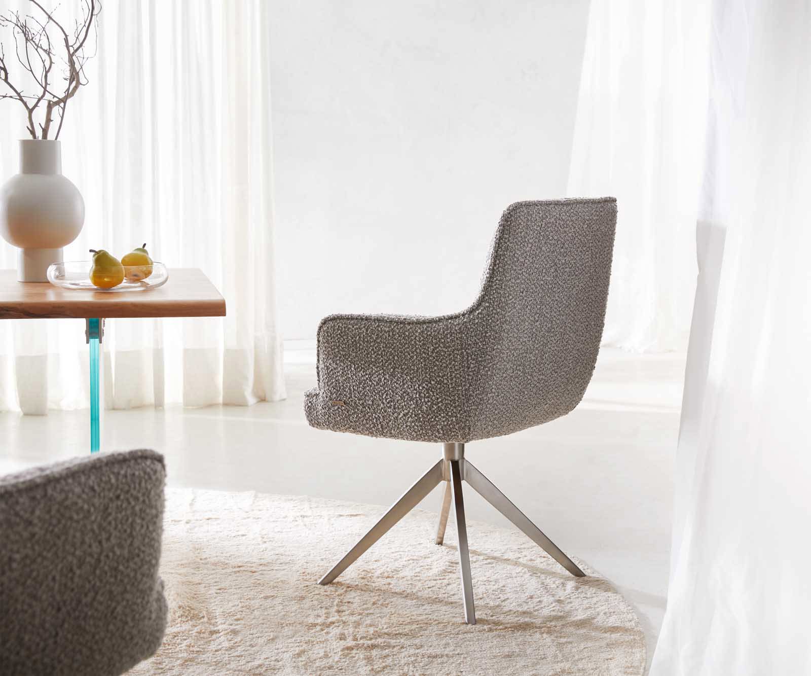 Chaise-pivotante Heira-Flex avec accoudoirs bouclé gris argenté pied croisé large acier inoxydable brossé pivotement sur 360° ressorts ensachés 4 Chaise-pivotante Heira-Flex avec accoudoirs bouclé gris argenté pied croisé large acier inoxydable brossé pivotement sur 360° ressorts ensachés 4