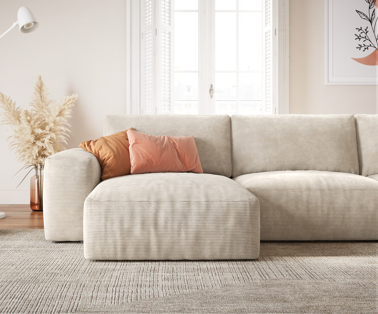 Grand canapé d’angle Lanzo 300x210 cm velours côtelé beige méridienne réversible avec pouf 5