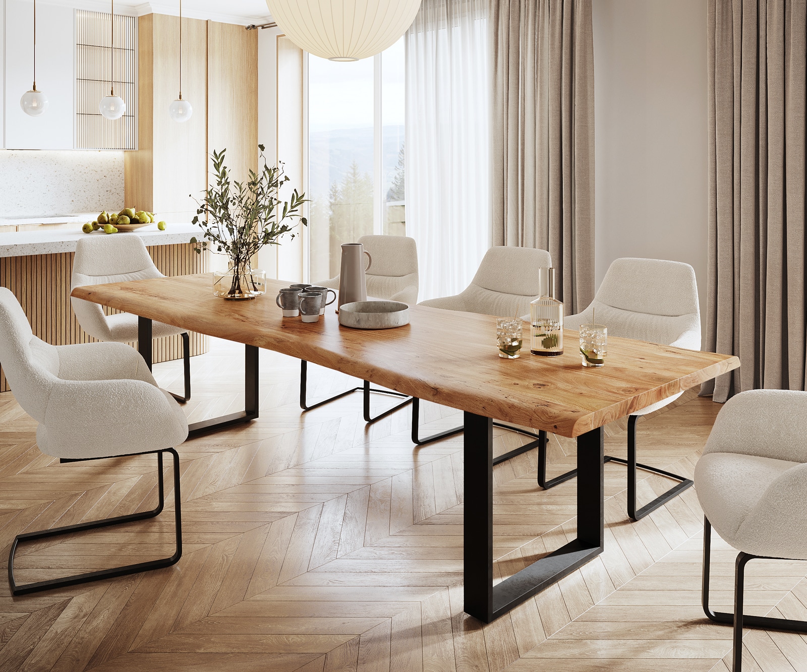 Table de salle à manger Edge 300x100 XL acacia naturel métal noir Live-Edge Table de salle à manger Edge 300x100 XL acacia naturel métal noir Live-Edge