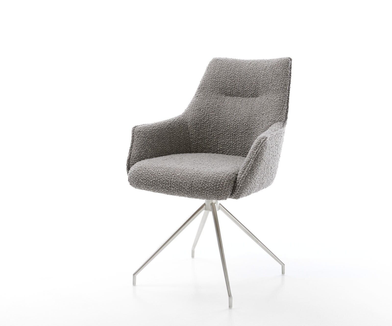 Chaise-pivotante Alja-Flex avec accoudoirs bouclé gris argenté pied croisé conique acier inoxydable brossé pivotement sur 180° ressorts ensachés 1