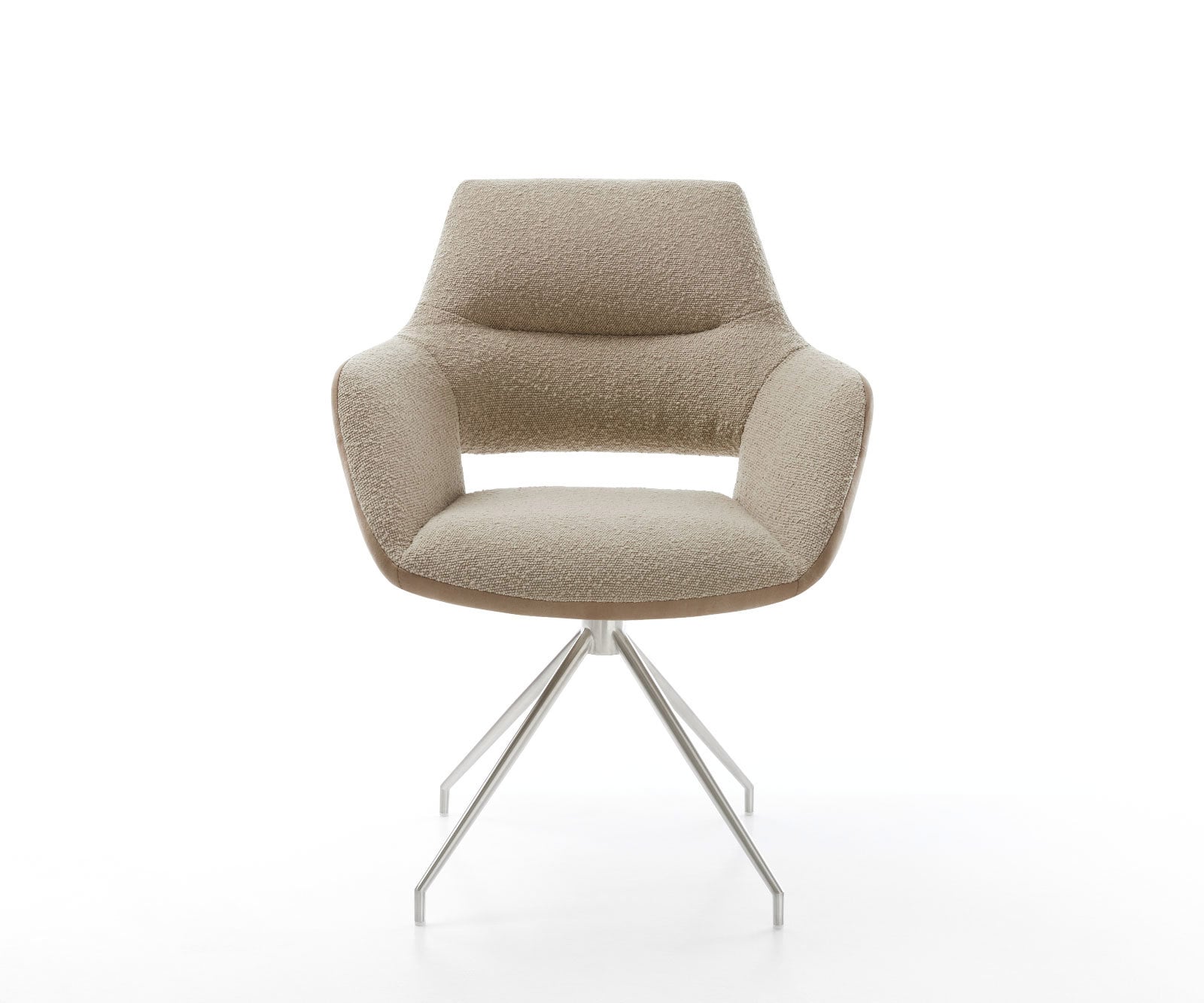 Chaise-pivotante Yago-Flex avec accoudoirs tissu mixte couleur boue pied croisé conique acier inoxydable brossé pivotement sur 180° ressorts ensachés 1 Chaise-pivotante Yago-Flex avec accoudoirs tissu mixte couleur boue pied croisé conique acier inoxydable brossé pivotement sur 180° ressorts ensachés 1