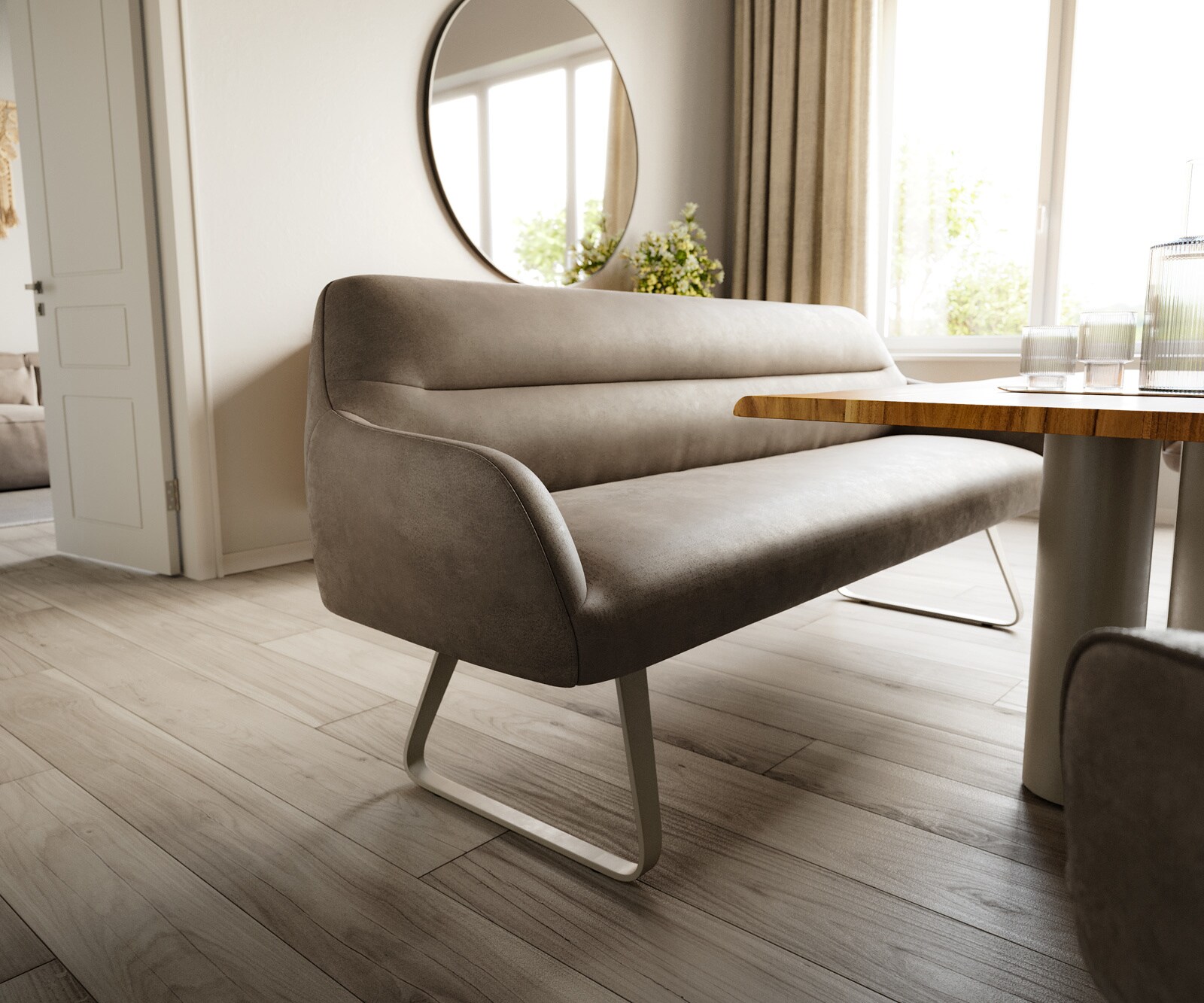 Banc-de-salle-à-manger Taya-Flex 200 cm microfibre taupe vintage châssis à patins plat titane ressort ensaché 4
