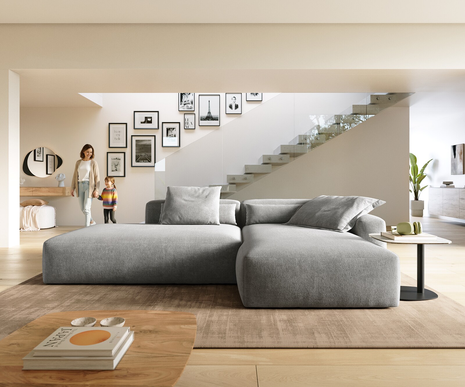 Canapé d'angle Freestyle 310x200 cm Tissu structuré doux Gris couture plate