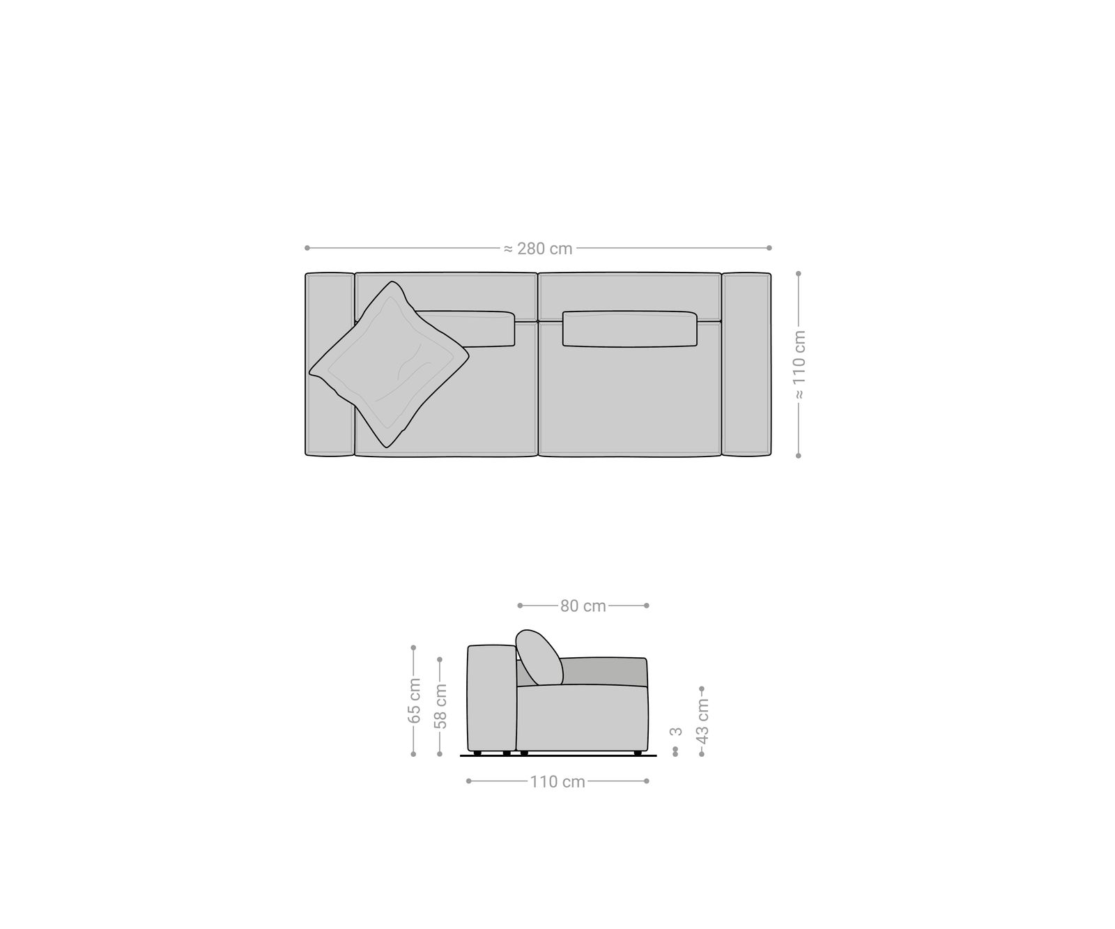 Grand canapé Freestyle Cozy 280x110 cm Tissu texturé gris doux 6
