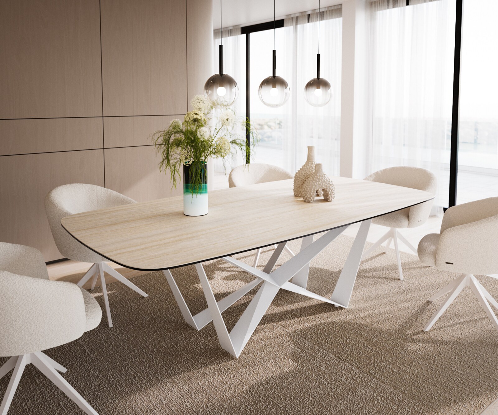 Table à manger Edge Boot 240x120 cm Céramique Travertin Naturel Spider Métal Blanc 1